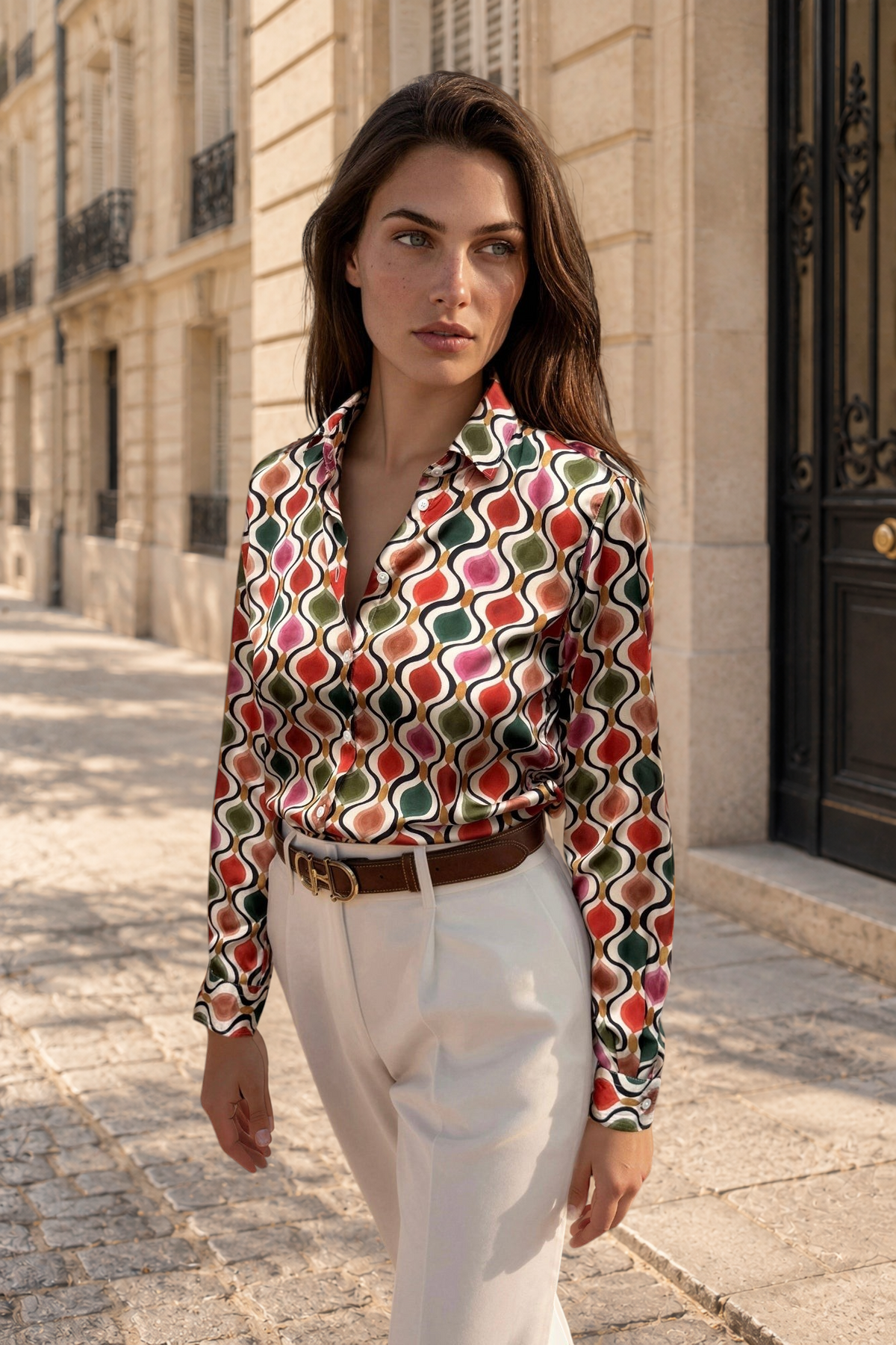 Chemisier Clemence imprimé soyeux - Beige, rouge et vert-CHEMISIER FEMME-Curling-Paris