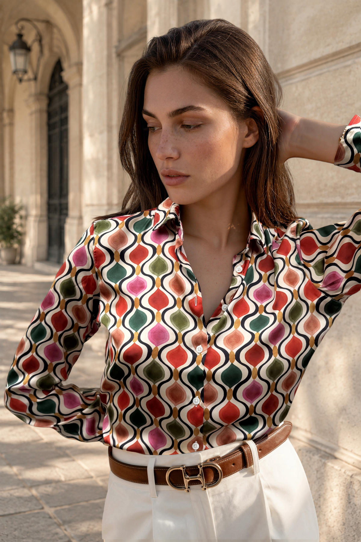 Chemisier Clemence imprimé soyeux - Beige, rouge et vert-CHEMISIER FEMME-Curling-Paris