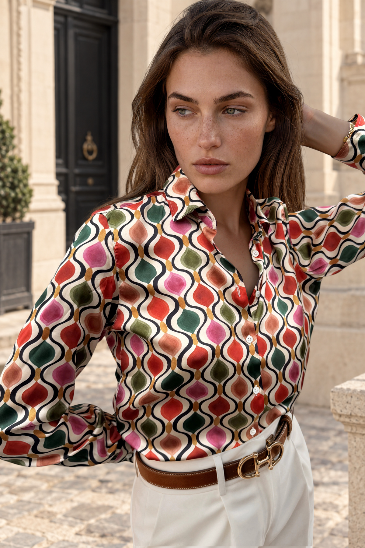 Chemisier Clemence imprimé soyeux - Beige, rouge et vert-CHEMISIER FEMME-Curling-Paris