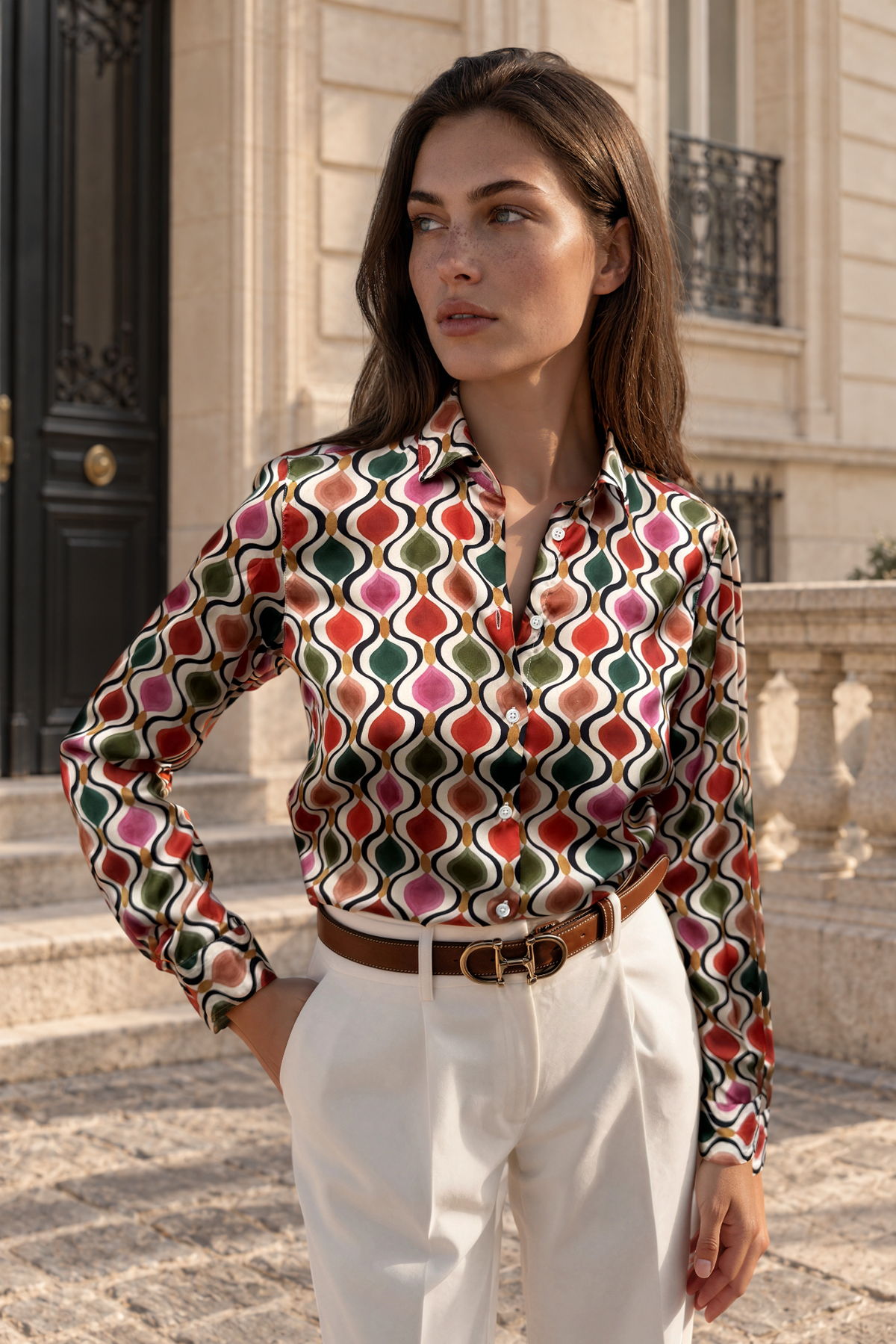 Chemisier Clemence imprimé soyeux - Beige, rouge et vert-CHEMISIER FEMME-Curling-Paris