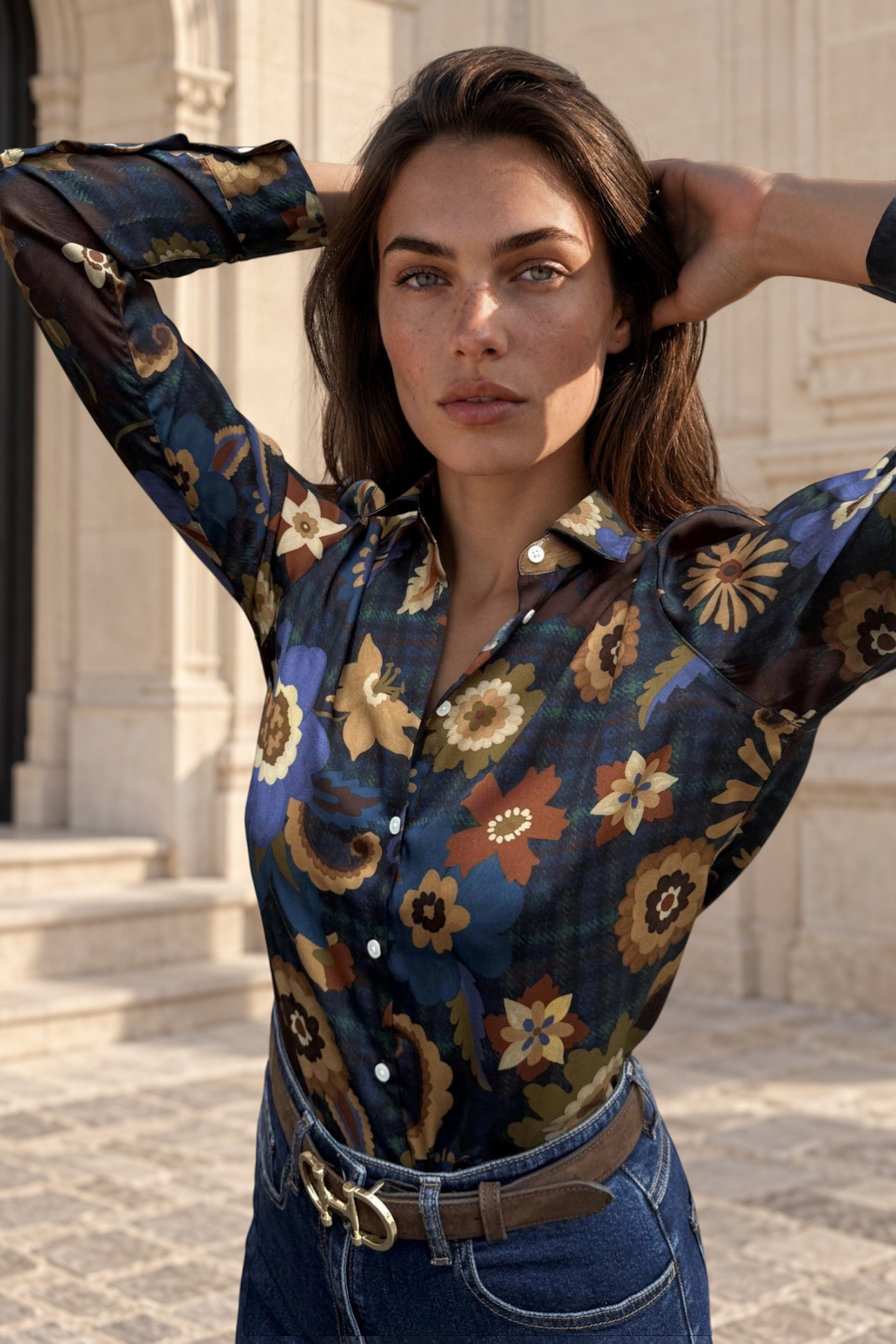 Chemisier Clémence imprimé soyeux - Bleu nuit, camel et ocre-CHEMISIER FEMME-Curling-Paris