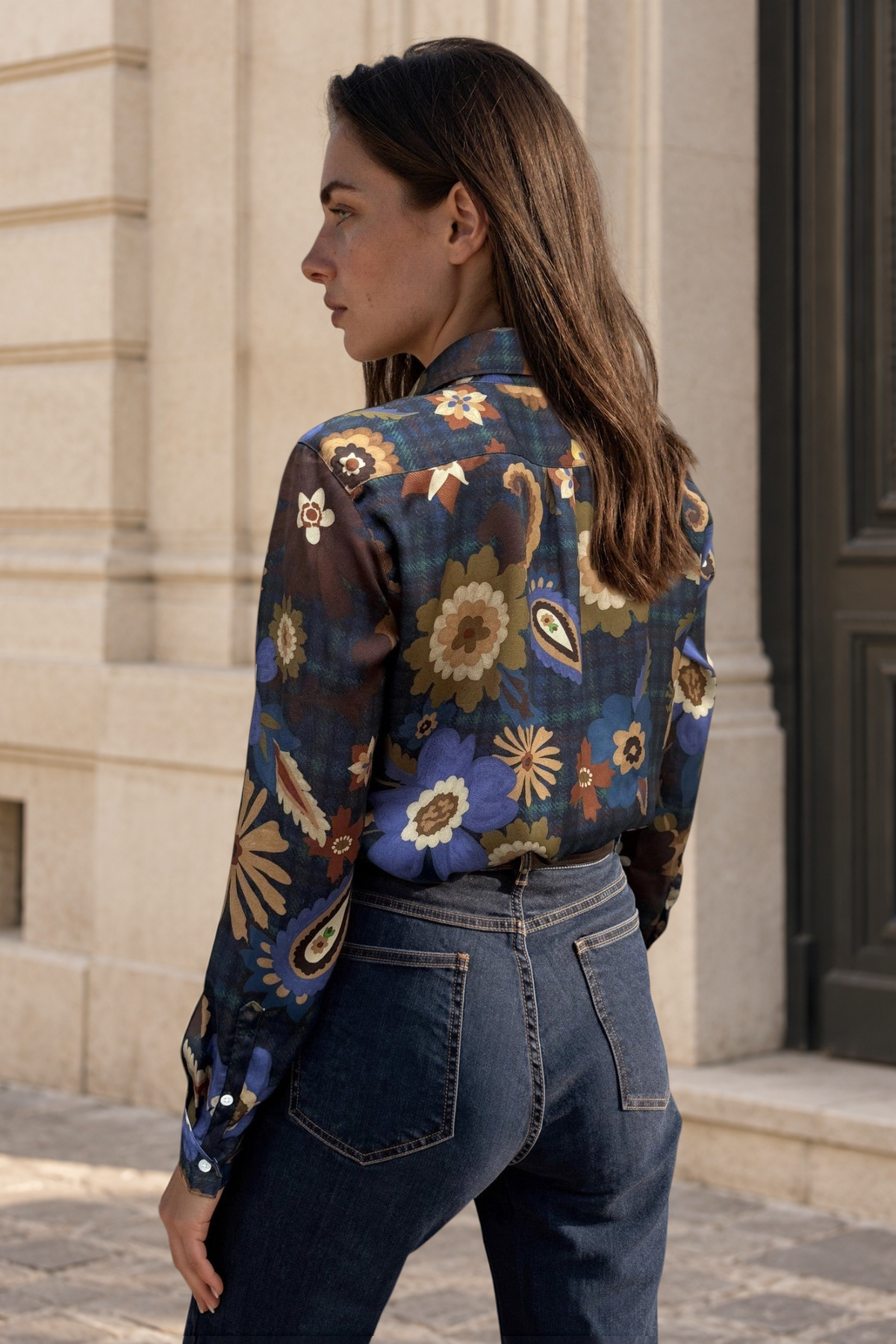 Chemisier Clémence imprimé soyeux - Bleu nuit, camel et ocre-CHEMISIER FEMME-Curling-Paris