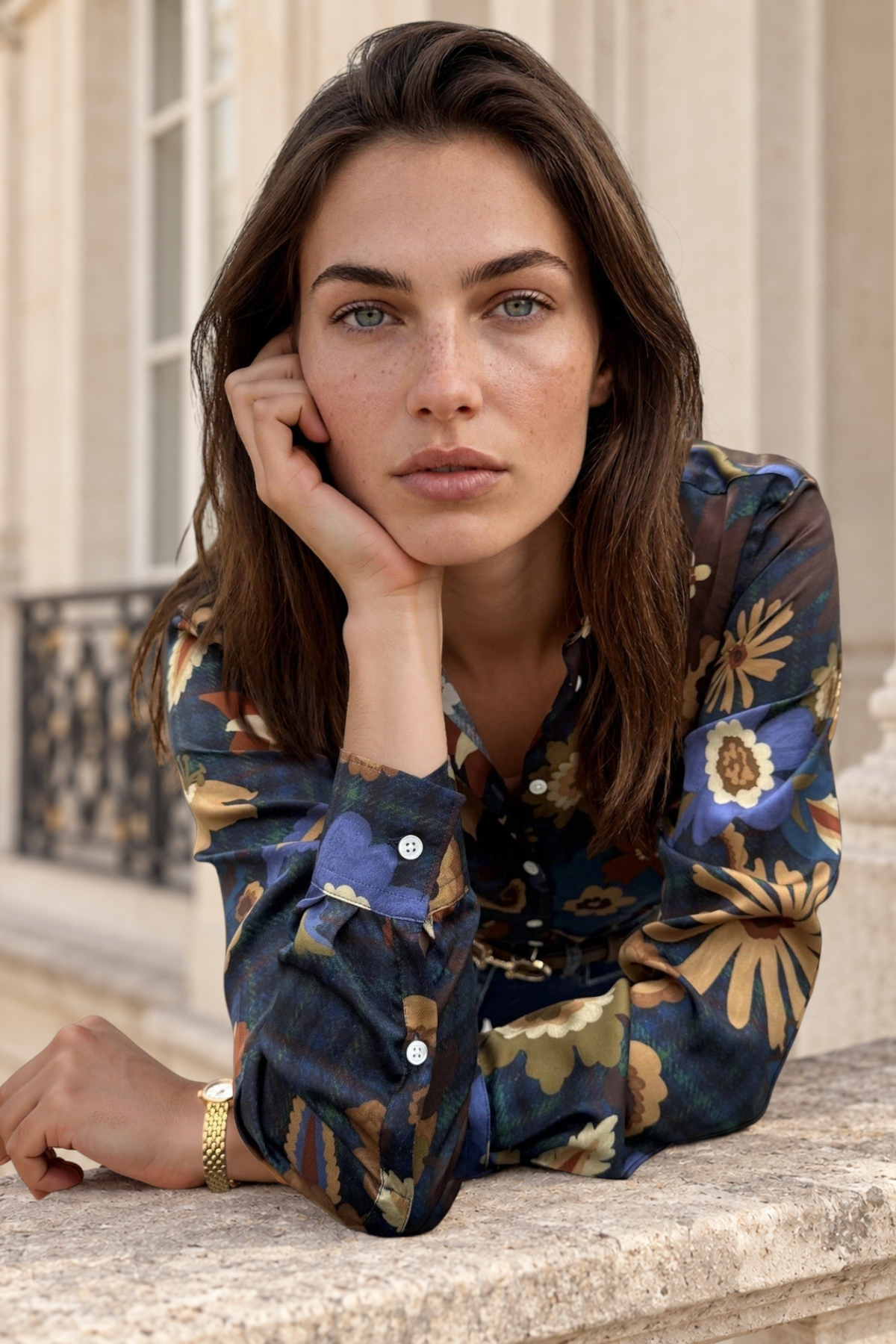 Chemisier Clémence imprimé soyeux - Bleu nuit, camel et ocre-CHEMISIER FEMME-Curling-Paris