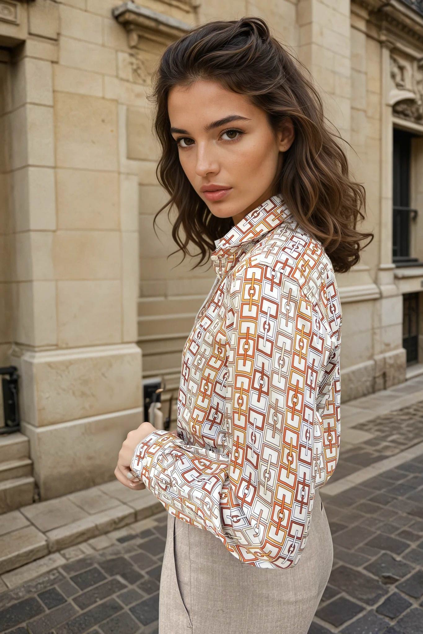 Chemisier Clémence imprimé soyeux – Chaîne Orange-CHEMISIER FEMME-Curling-Paris