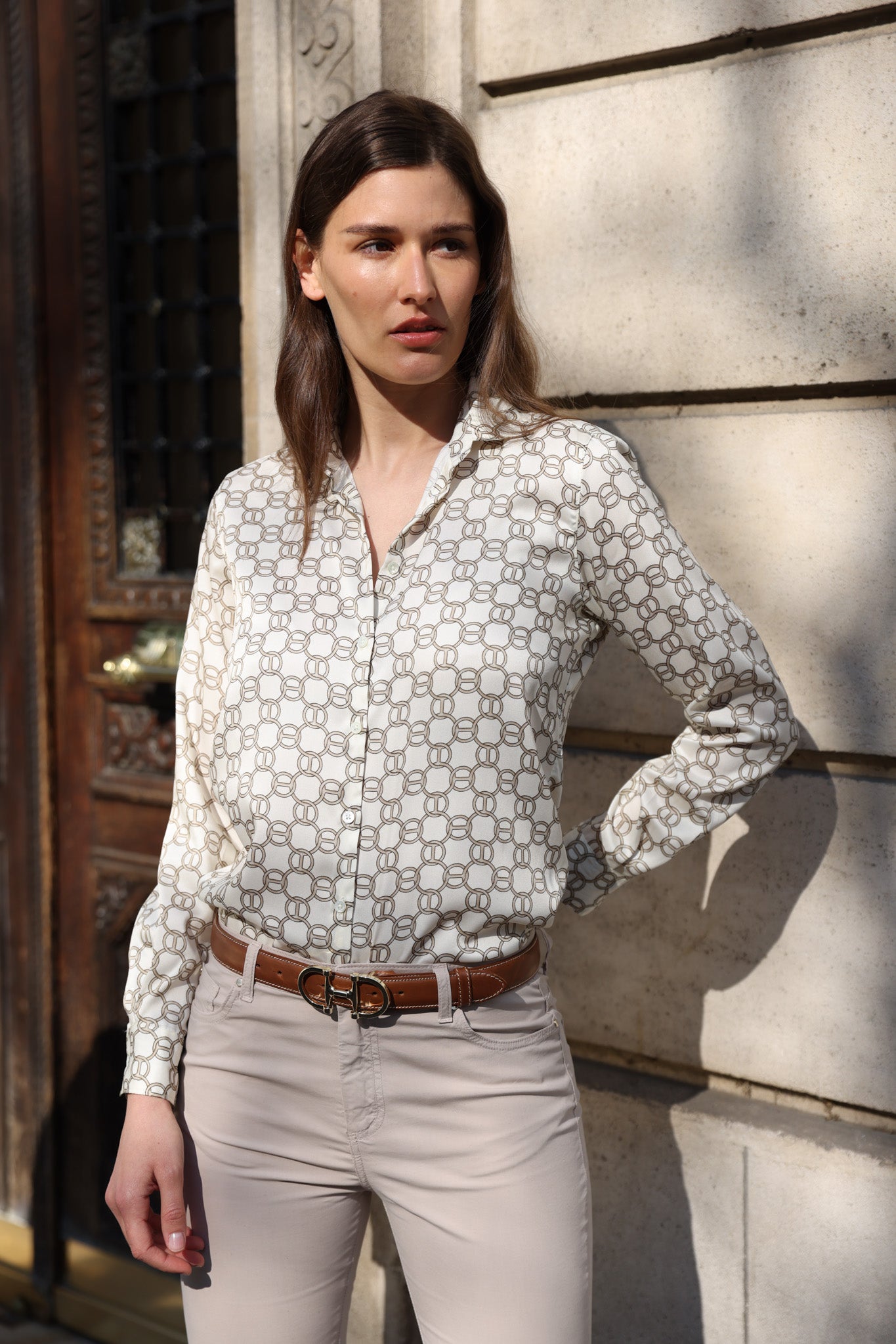 Chemisier Clémence imprimé soyeux - Chaine beige-CHEMISIER FEMME-Curling-Paris