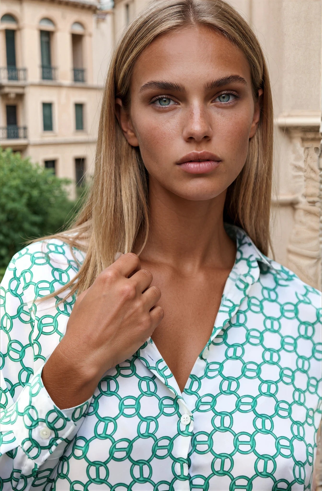 Chemisier Clémence imprimé soyeux - Chaine vert-CHEMISIER FEMME-Curling-Paris