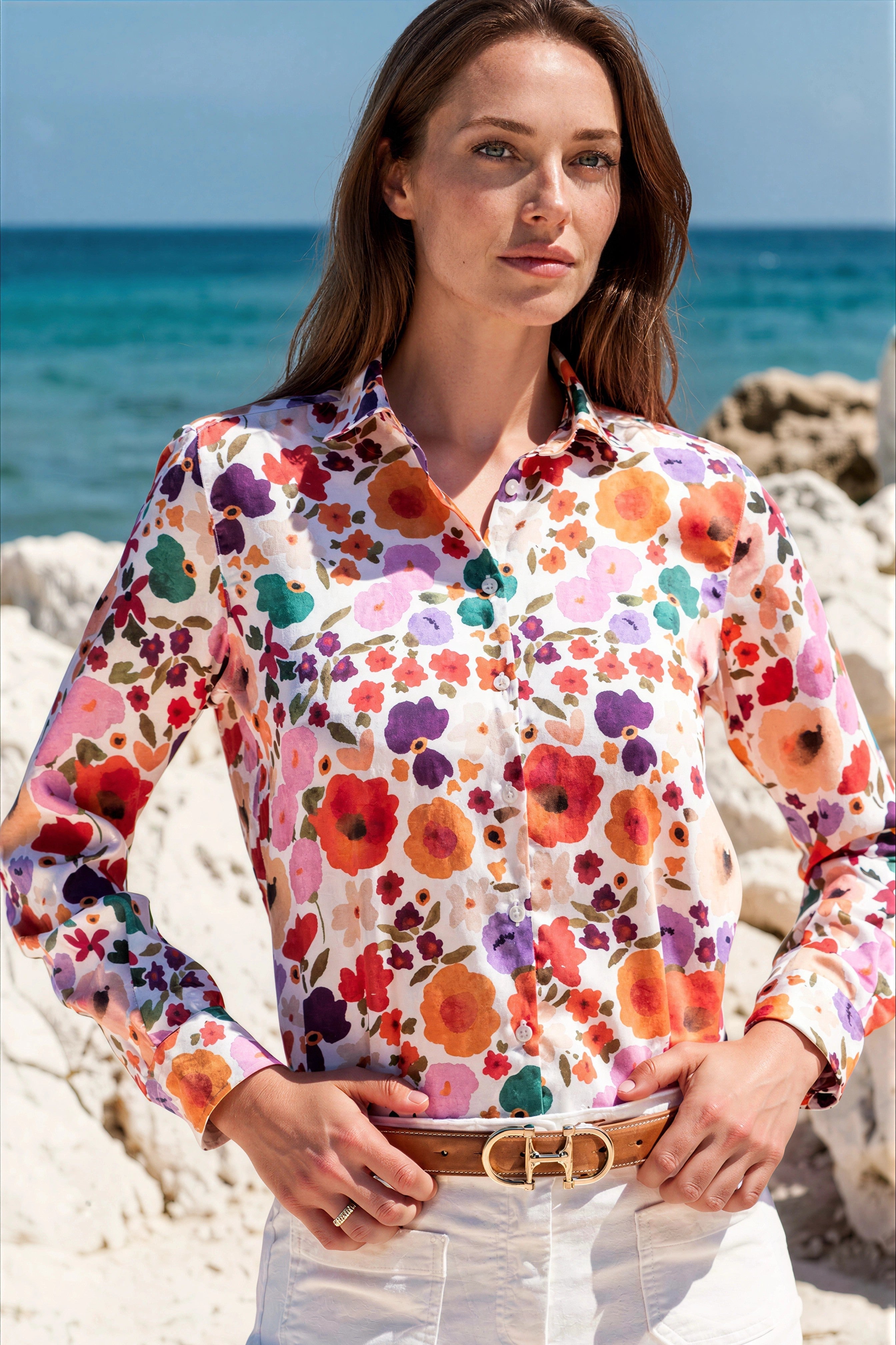 Chemisier Clémence imprimé soyeux – Fleurs Multi-CHEMISIER FEMME-Curling-Paris