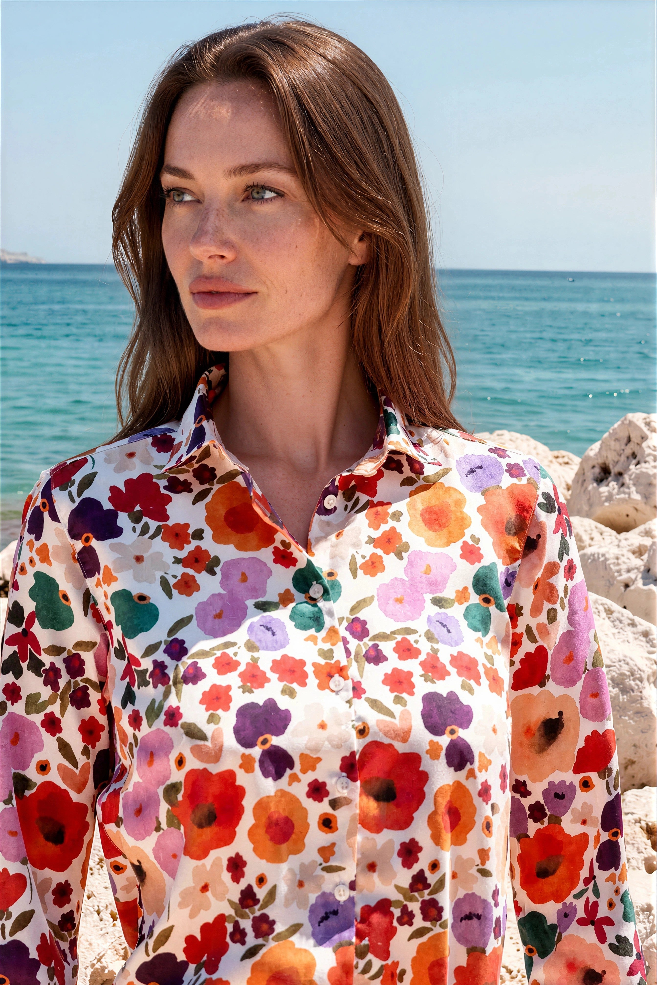 Chemisier Clémence imprimé soyeux – Fleurs Multi-CHEMISIER FEMME-Curling-Paris