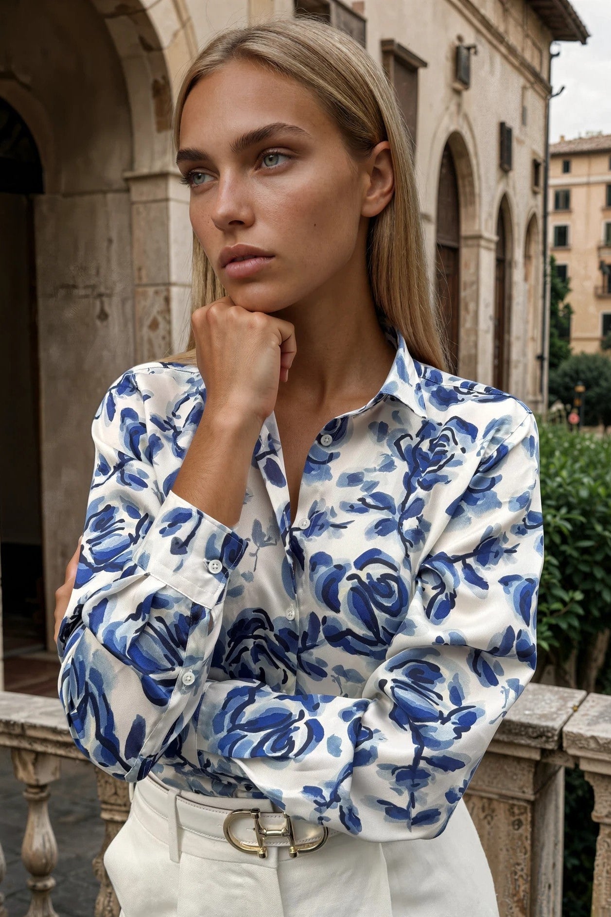 Chemisier Clemence imprimé soyeux - Fleurs bleues-CHEMISIER FEMME-Curling-Paris