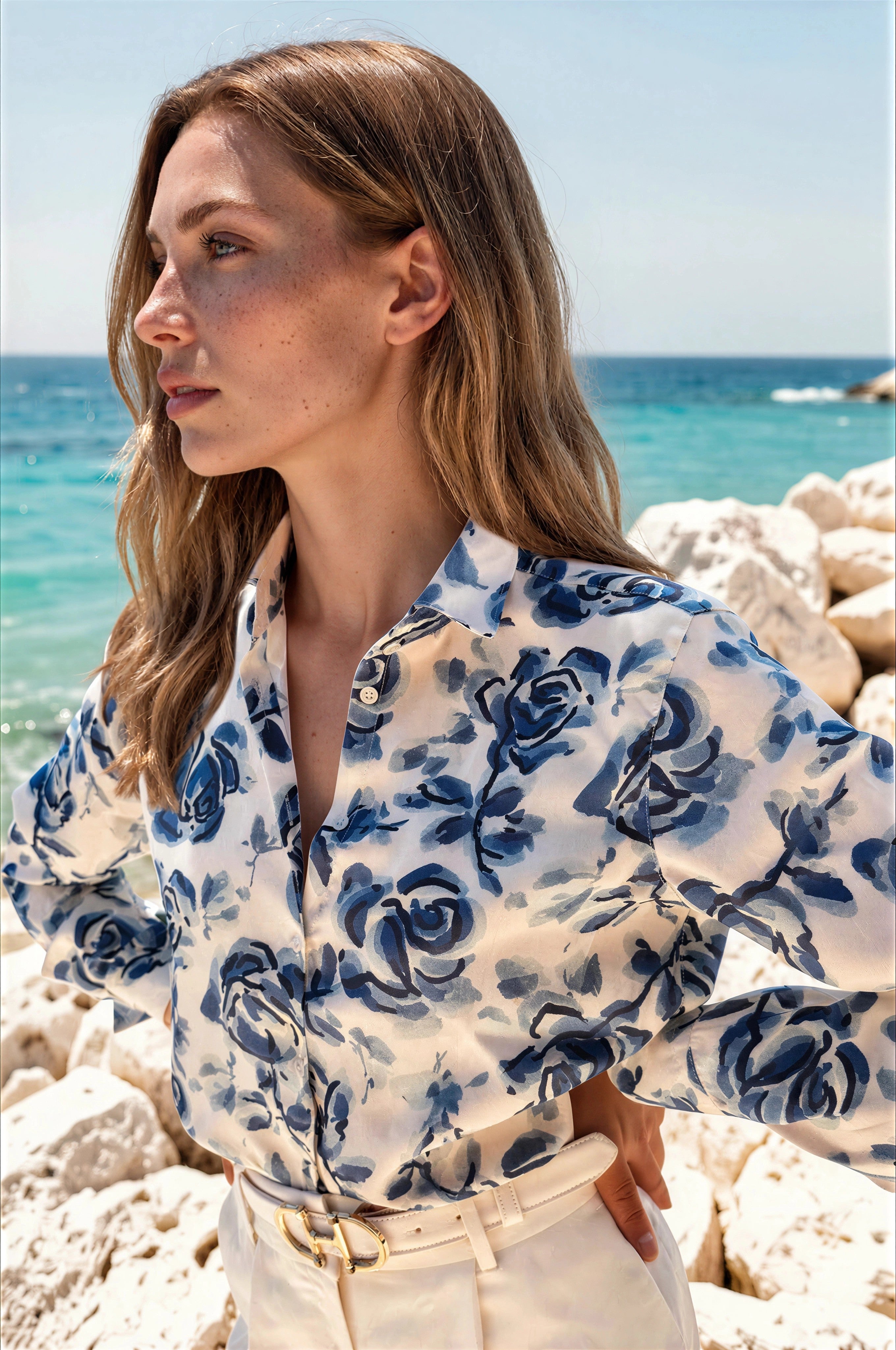 Chemisier Clemence imprimé soyeux - Fleurs bleues-CHEMISIER FEMME-Curling-Paris