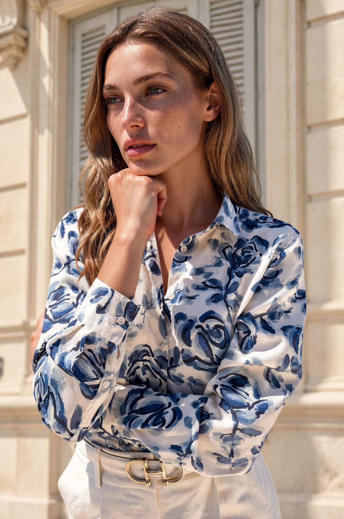 Chemisier Clemence imprimé soyeux - Fleurs bleues-CHEMISIER FEMME-Curling-Paris