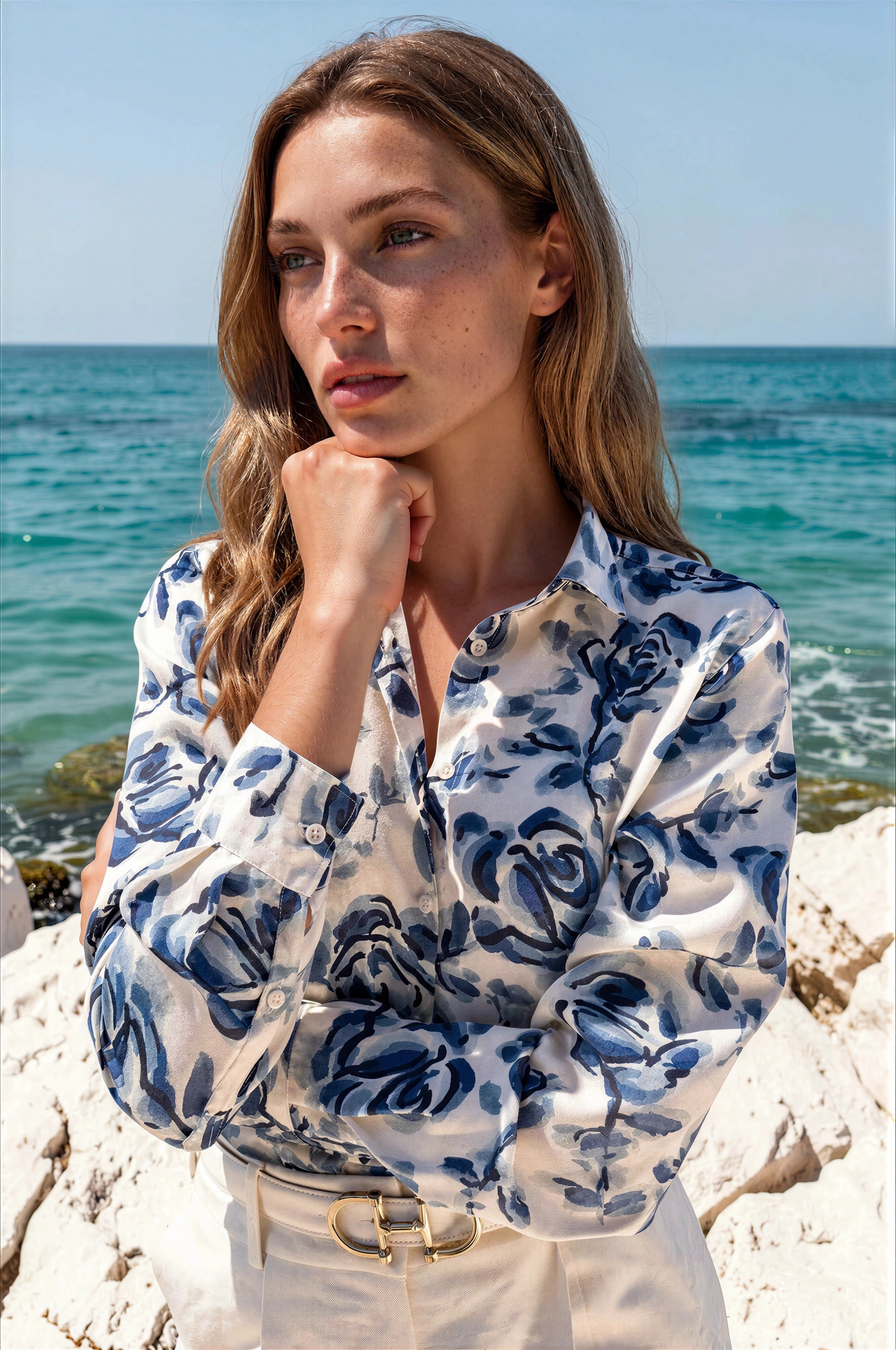 Chemisier Clemence imprimé soyeux - Fleurs bleues-CHEMISIER FEMME-Curling-Paris