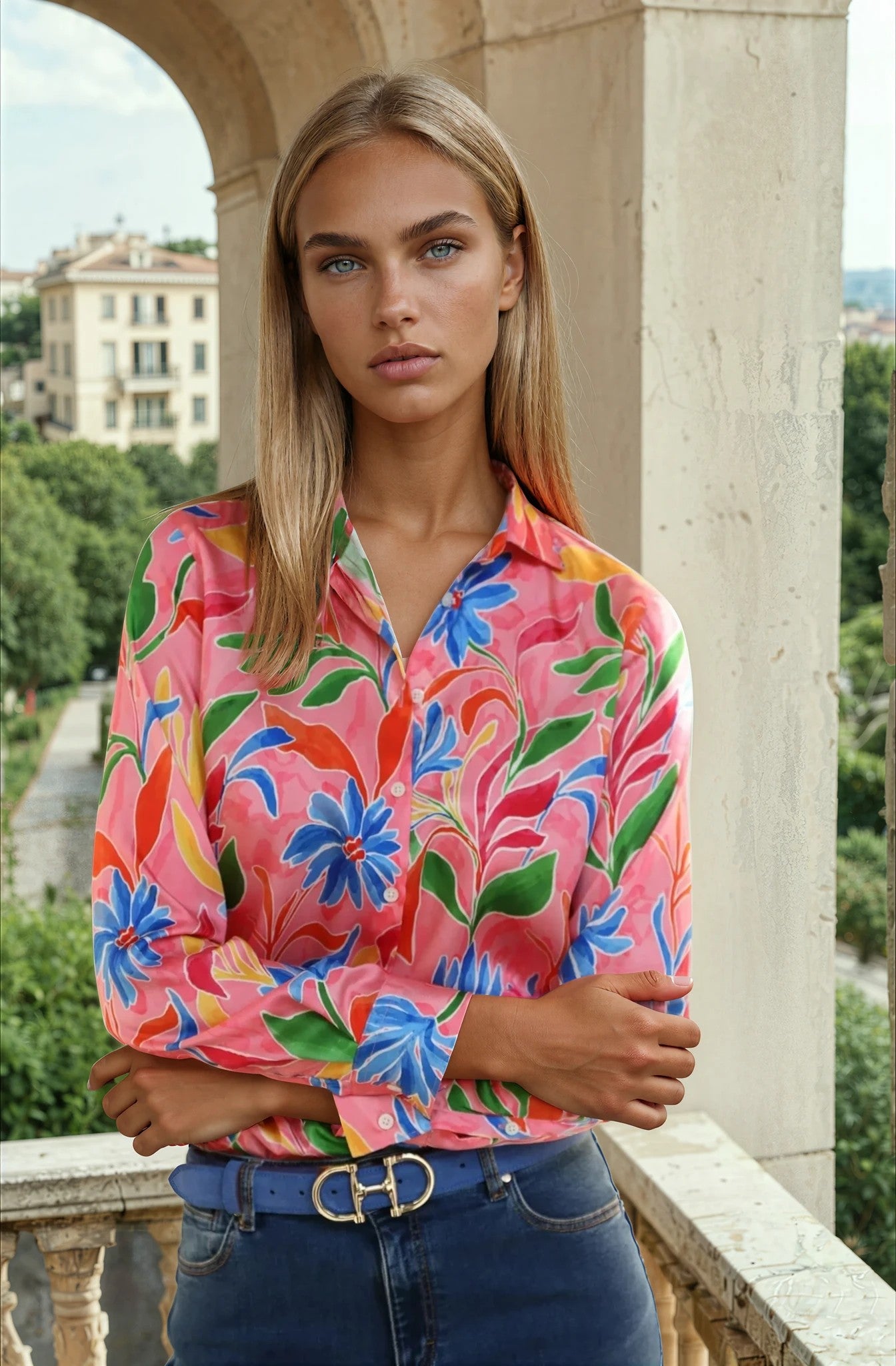 Chemisier Clemence imprimé soyeux - Fleurs rose-CHEMISIER FEMME-Curling-Paris