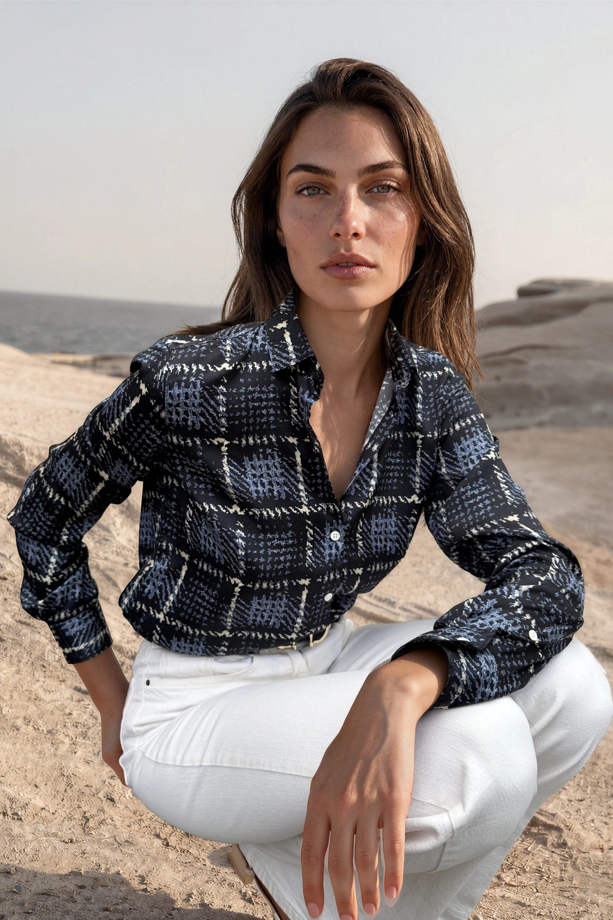 Chemisier Clémence imprimé soyeux - Marine, ciel et beige-CHEMISIER FEMME-Curling-Paris