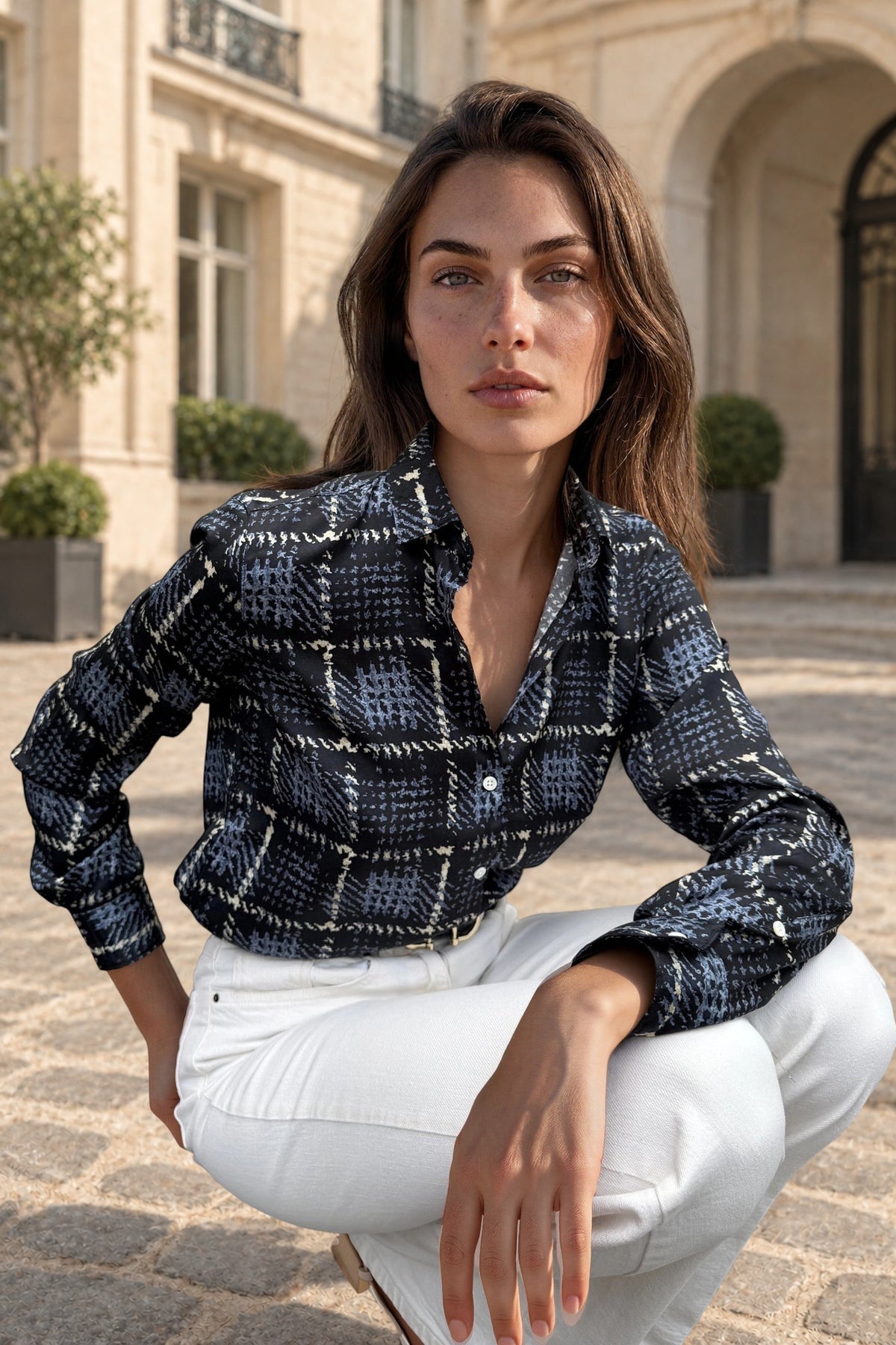 Chemisier Clémence imprimé soyeux - Marine, ciel et beige-CHEMISIER FEMME-Curling-Paris