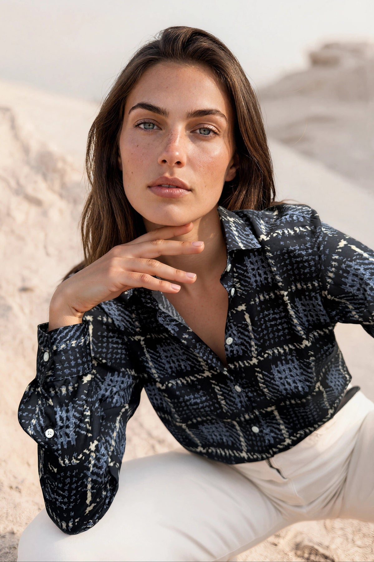 Chemisier Clémence imprimé soyeux - Marine, ciel et beige-CHEMISIER FEMME-Curling-Paris