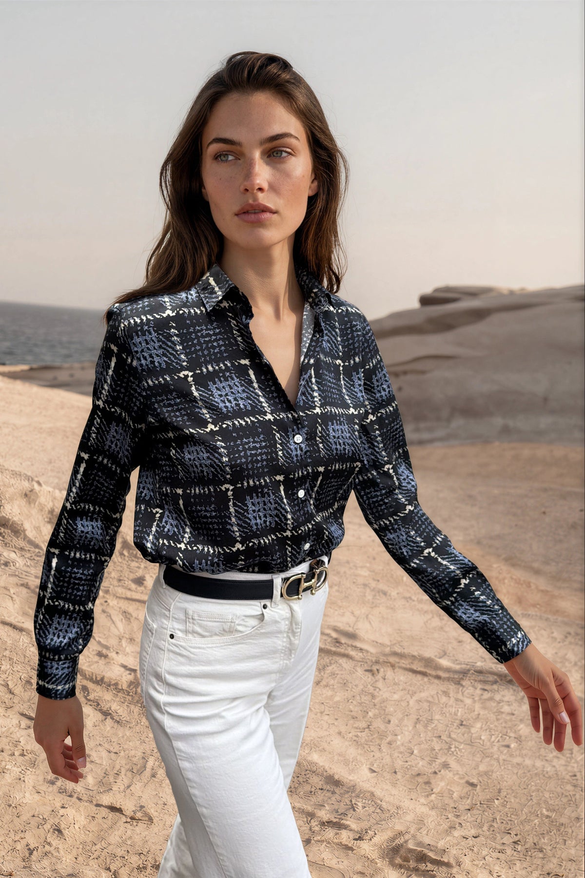 Chemisier Clémence imprimé soyeux - Marine, ciel et beige-CHEMISIER FEMME-Curling-Paris