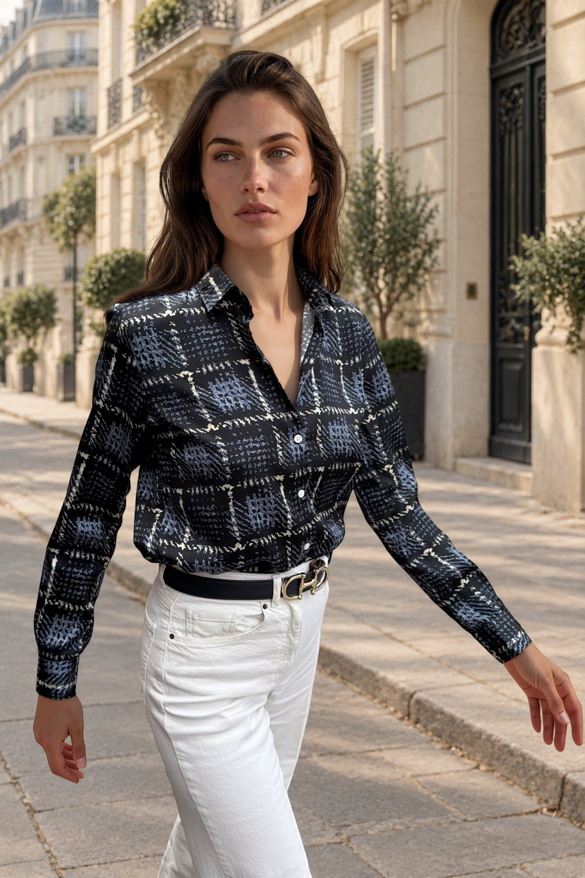 Chemisier Clémence imprimé soyeux - Marine, ciel et beige-CHEMISIER FEMME-Curling-Paris