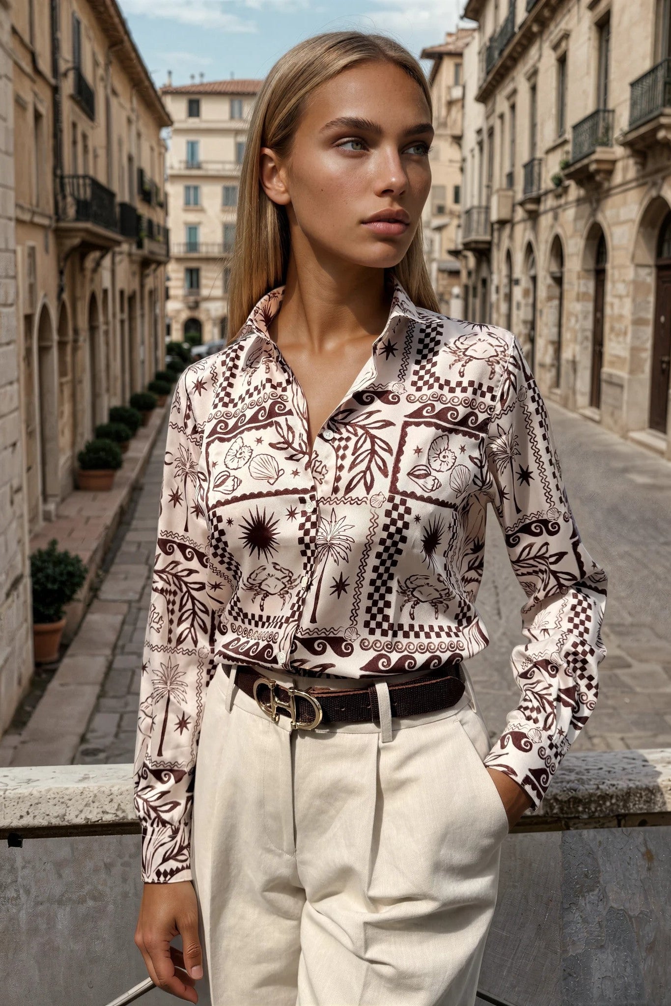 Chemisier Clémence imprimé soyeux - Marron-CHEMISIER FEMME-Curling-Paris