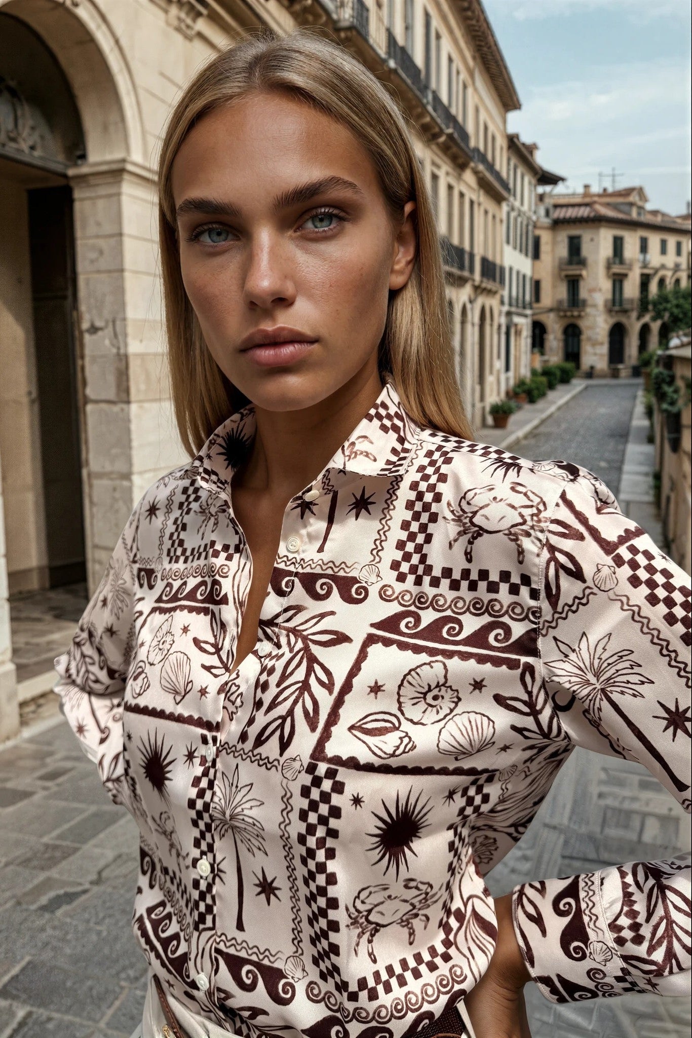 Chemisier Clémence imprimé soyeux - Marron-CHEMISIER FEMME-Curling-Paris