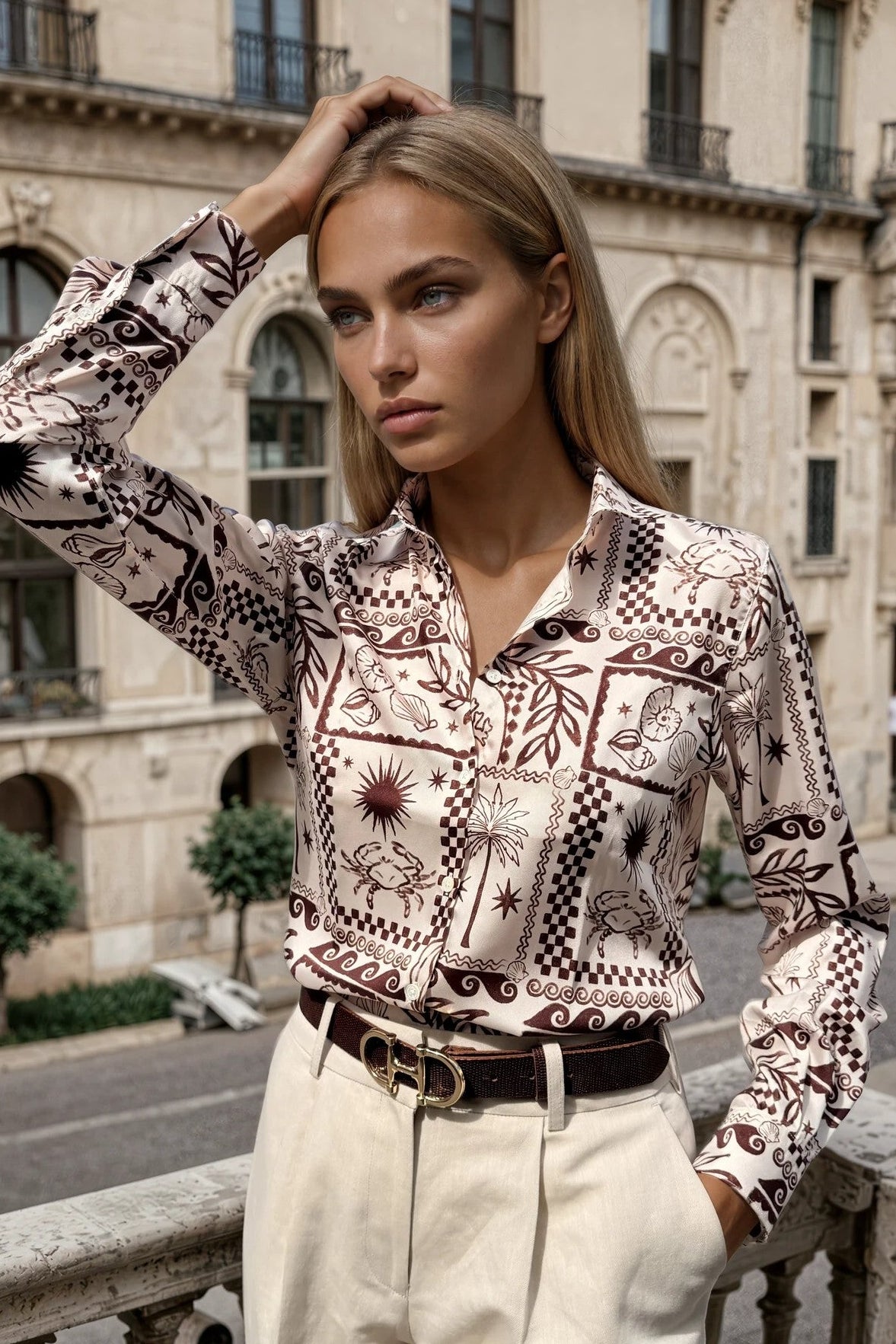 Chemisier Clémence imprimé soyeux - Marron-CHEMISIER FEMME-Curling-Paris