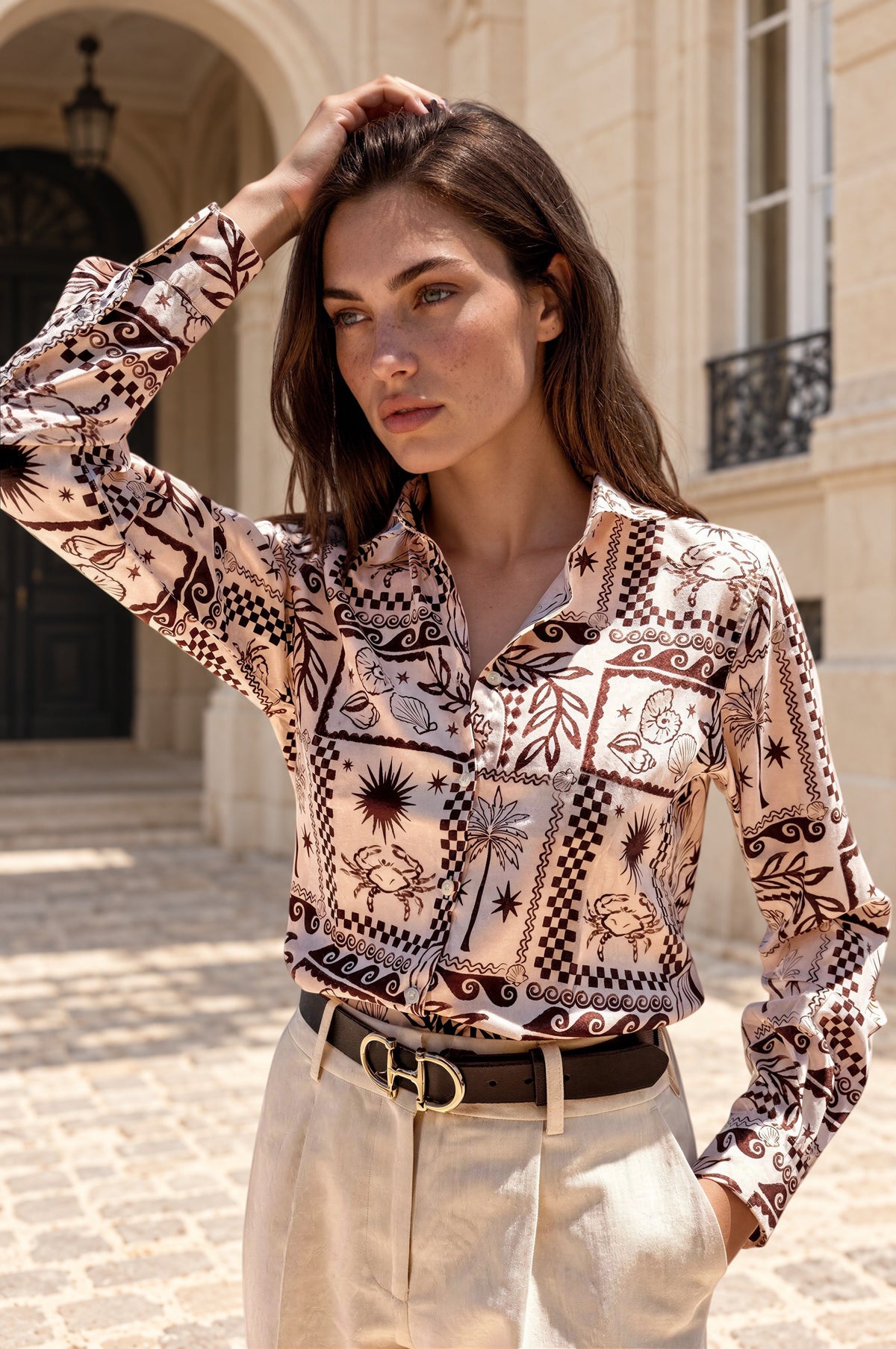 Chemisier Clémence imprimé soyeux - Marron-CHEMISIER FEMME-Curling-Paris
