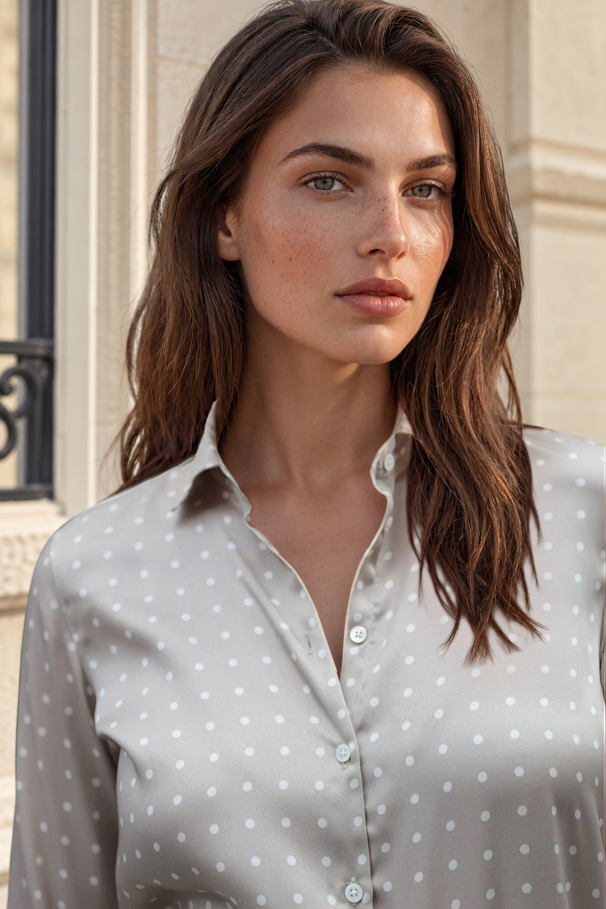 Chemisier Clémence imprimé soyeux - Pois Beige-CHEMISIER FEMME-Curling-Paris