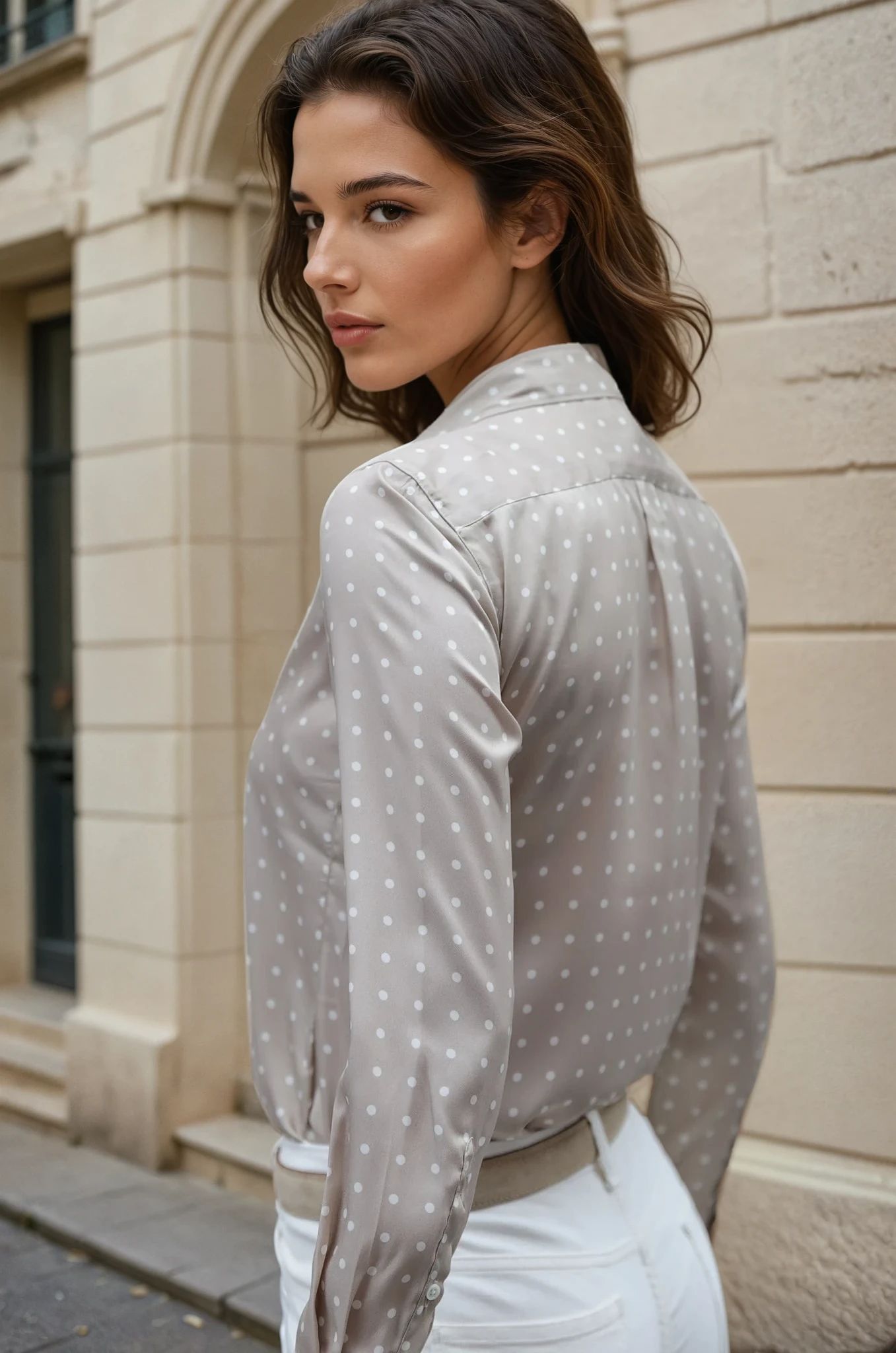 Chemisier Clémence imprimé soyeux - Pois Beige-CHEMISIER FEMME-Curling-Paris