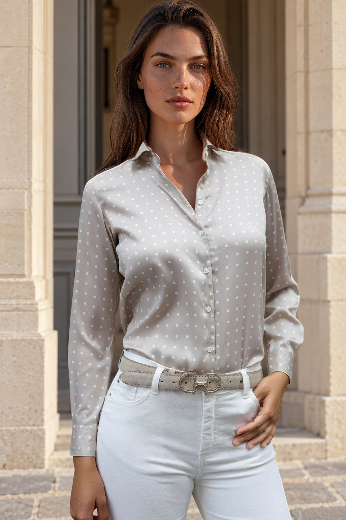 Chemisier Clémence imprimé soyeux - Pois Beige-CHEMISIER FEMME-Curling-Paris