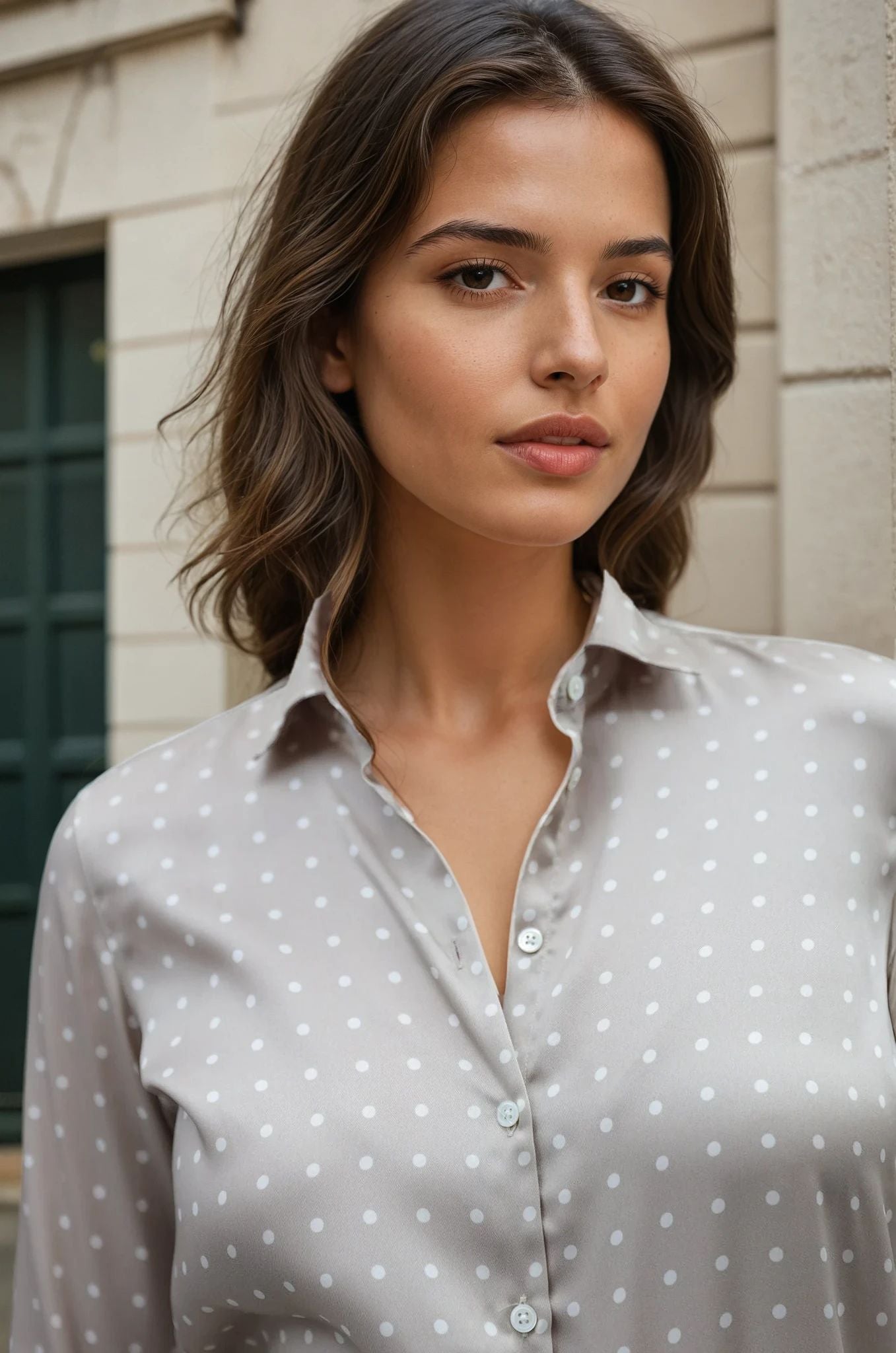 Chemisier Clémence imprimé soyeux - Pois Beige-CHEMISIER FEMME-Curling-Paris