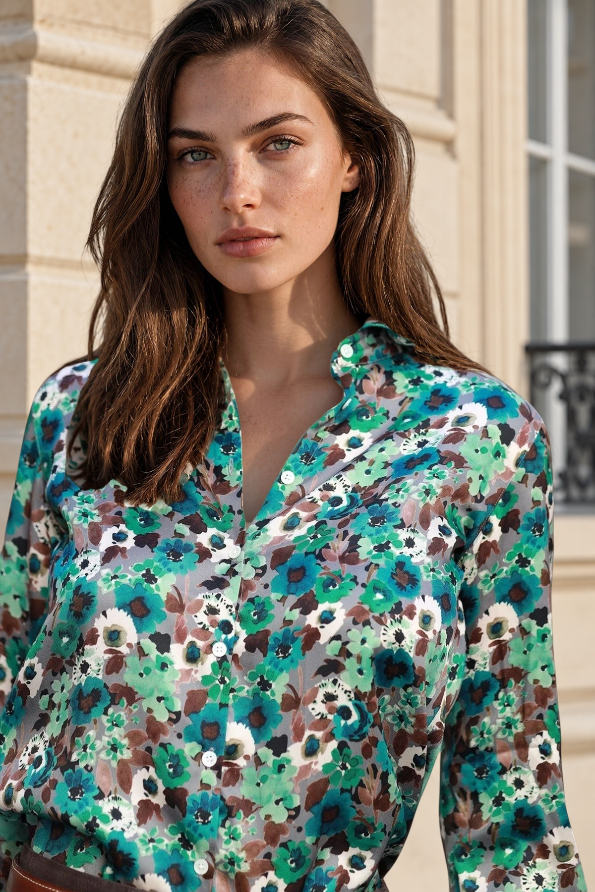 Chemisier Clemence imprimé soyeux - Vert & Marron-CHEMISIER FEMME-Curling-Paris