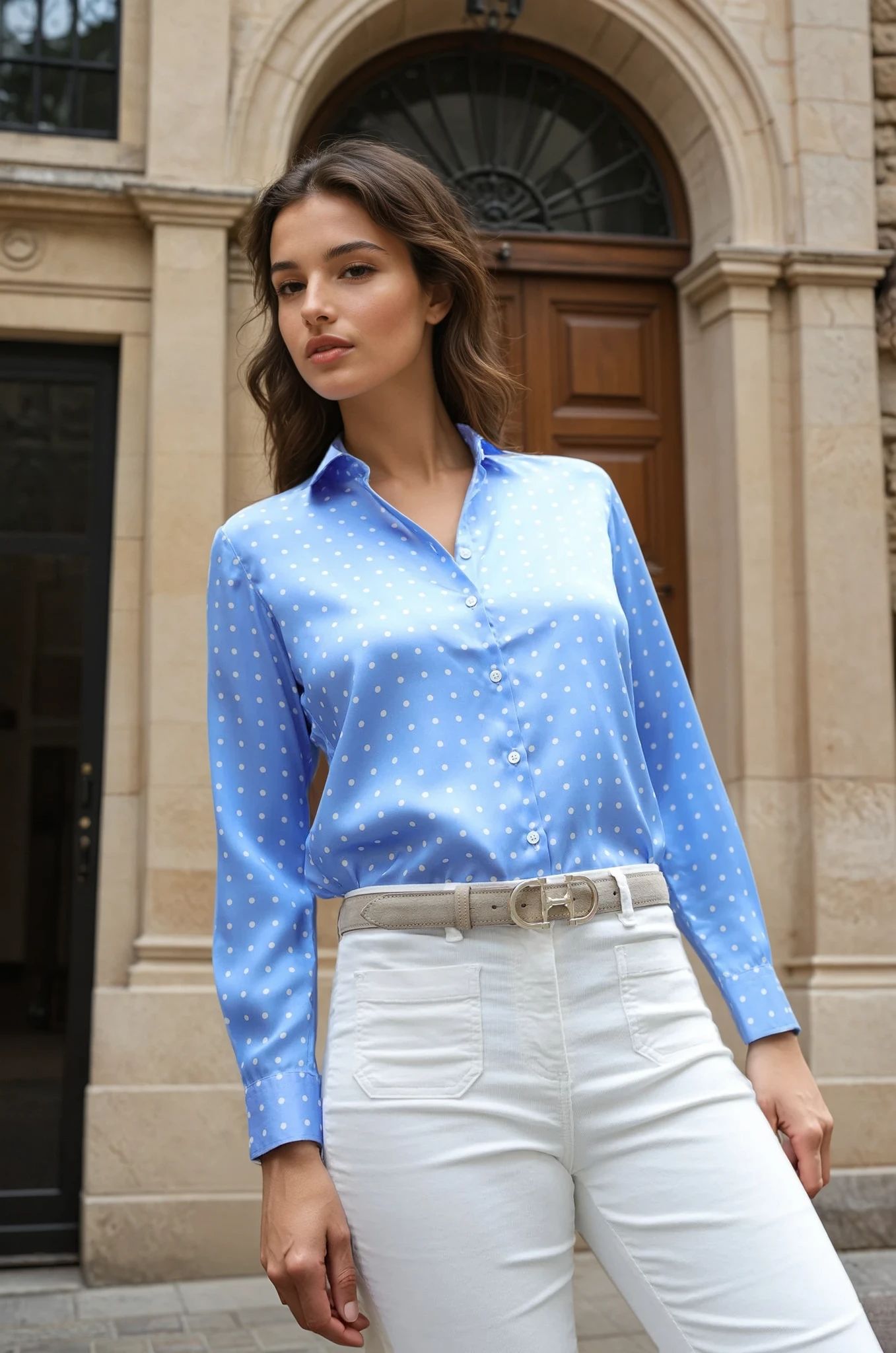 Chemisier Clémence soyeux - Pois Ciel-CHEMISIER FEMME-Curling-Paris