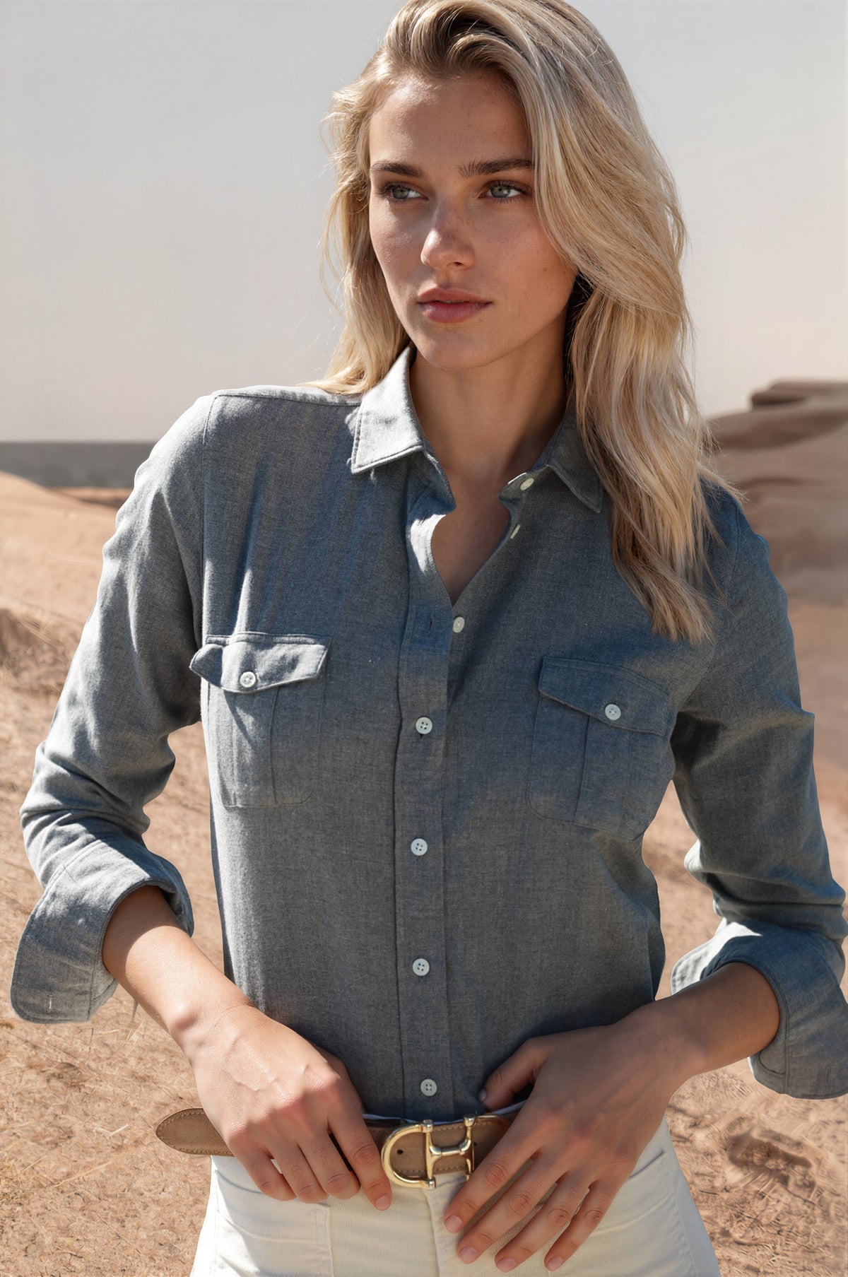 Chemisier Flore en flanelle de coton - Gris Claire-CHEMISIER FEMME-Curling-Paris