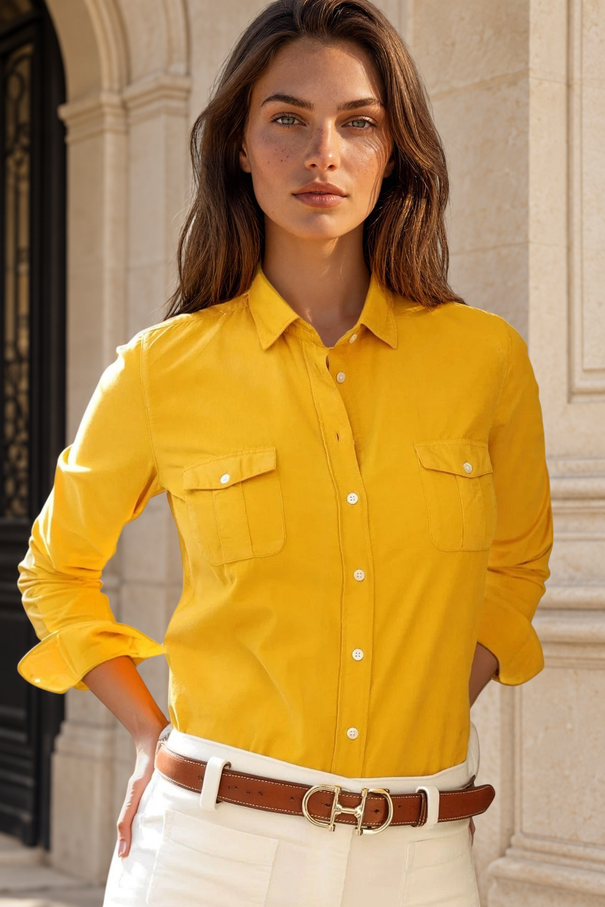 Chemisier Flore en velours milleraies - Jaune-CHEMISIER FEMME-Curling-Paris