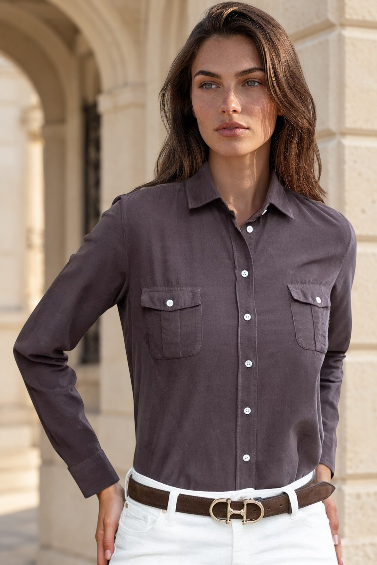 Chemisier Flore en velours milleraies - Marron-CHEMISIER FEMME-Curling-Paris