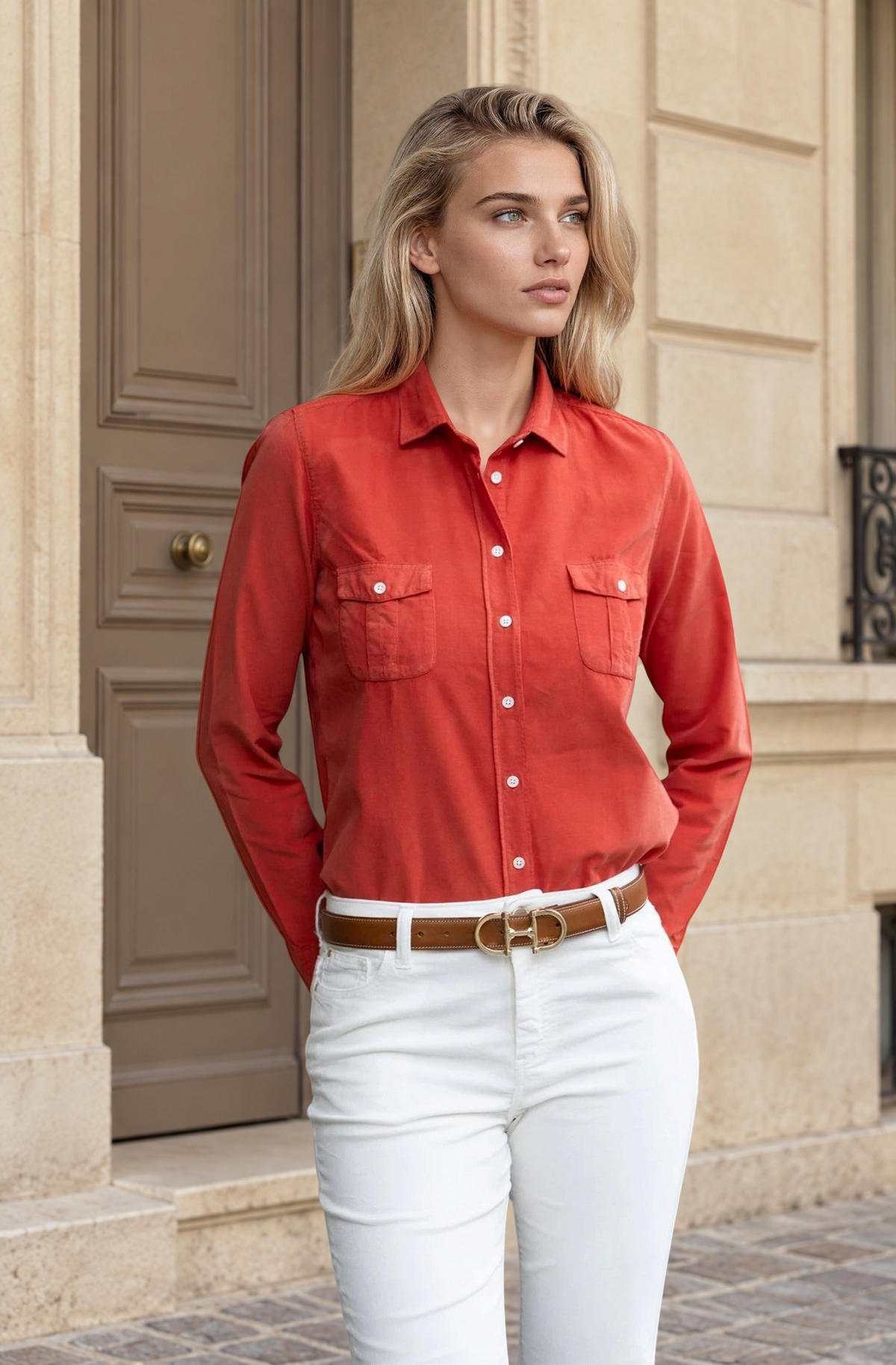 Chemisier Flore en velours milleraies - Orange-CHEMISIER FEMME-Curling-Paris
