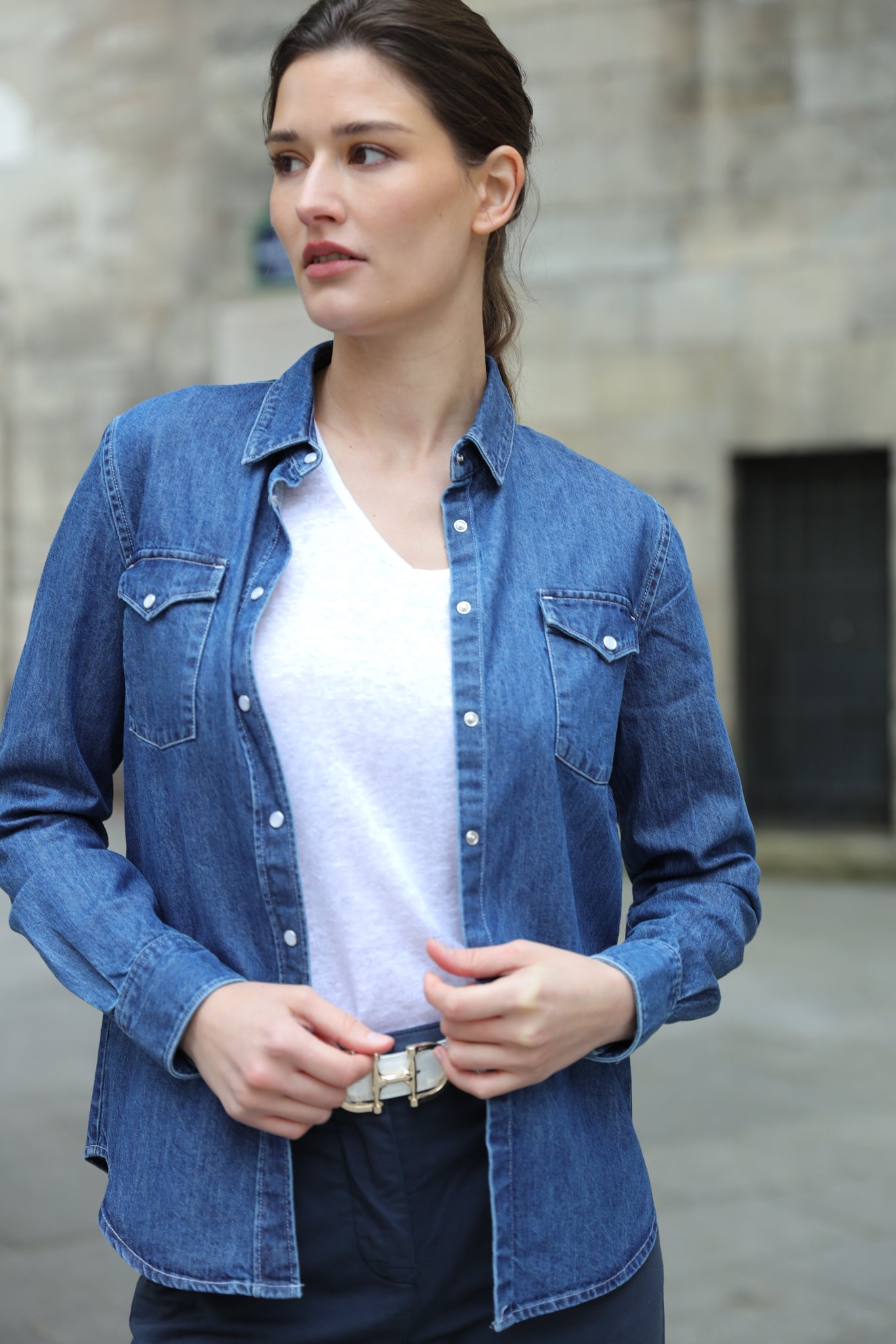 Chemisier Western en Jeans - Bleu-CHEMISIER FEMME-Curling-Paris