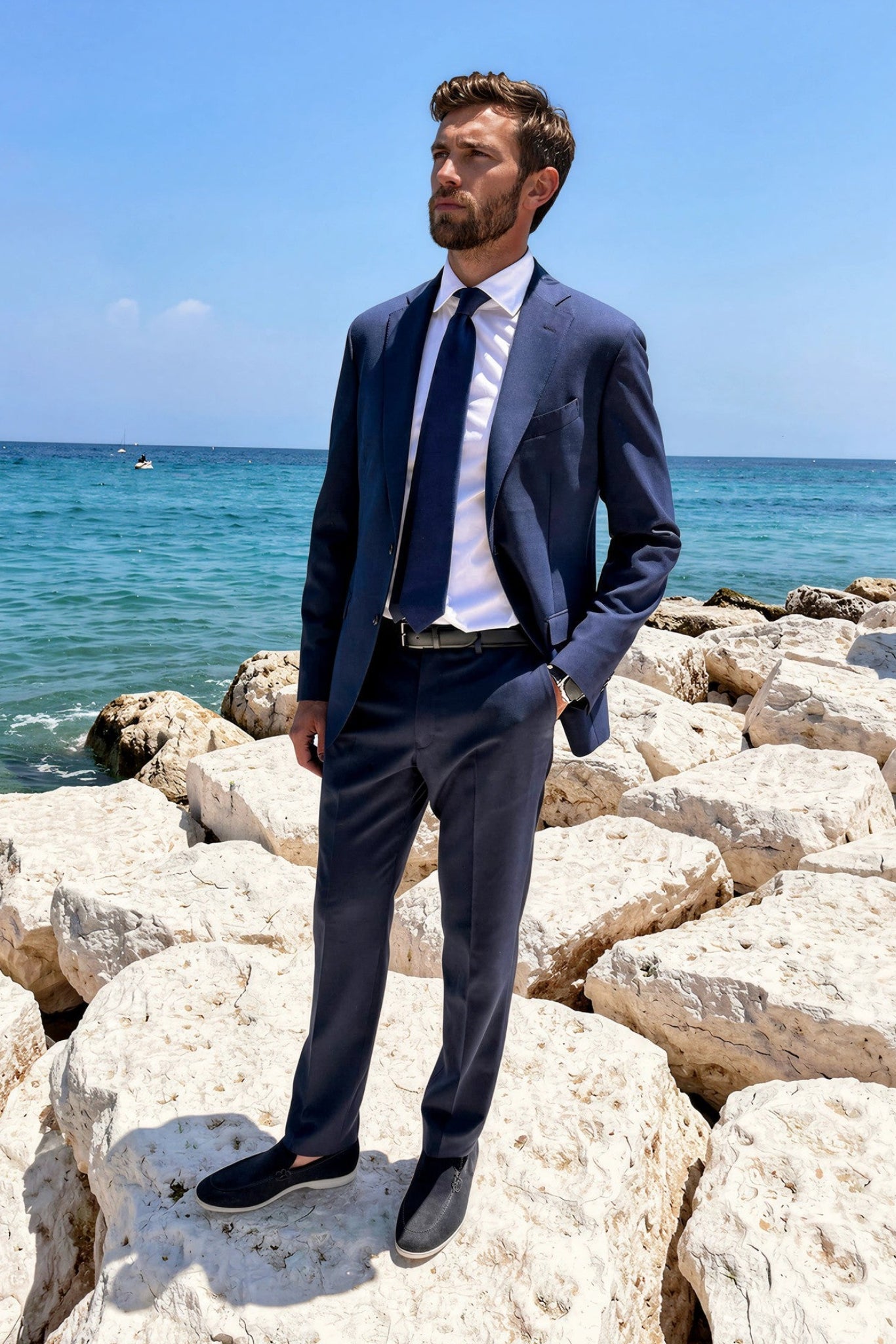 Costume Giorgio en laine - Nid d'abeille marine-COSTUME HOMME-Curling-Paris