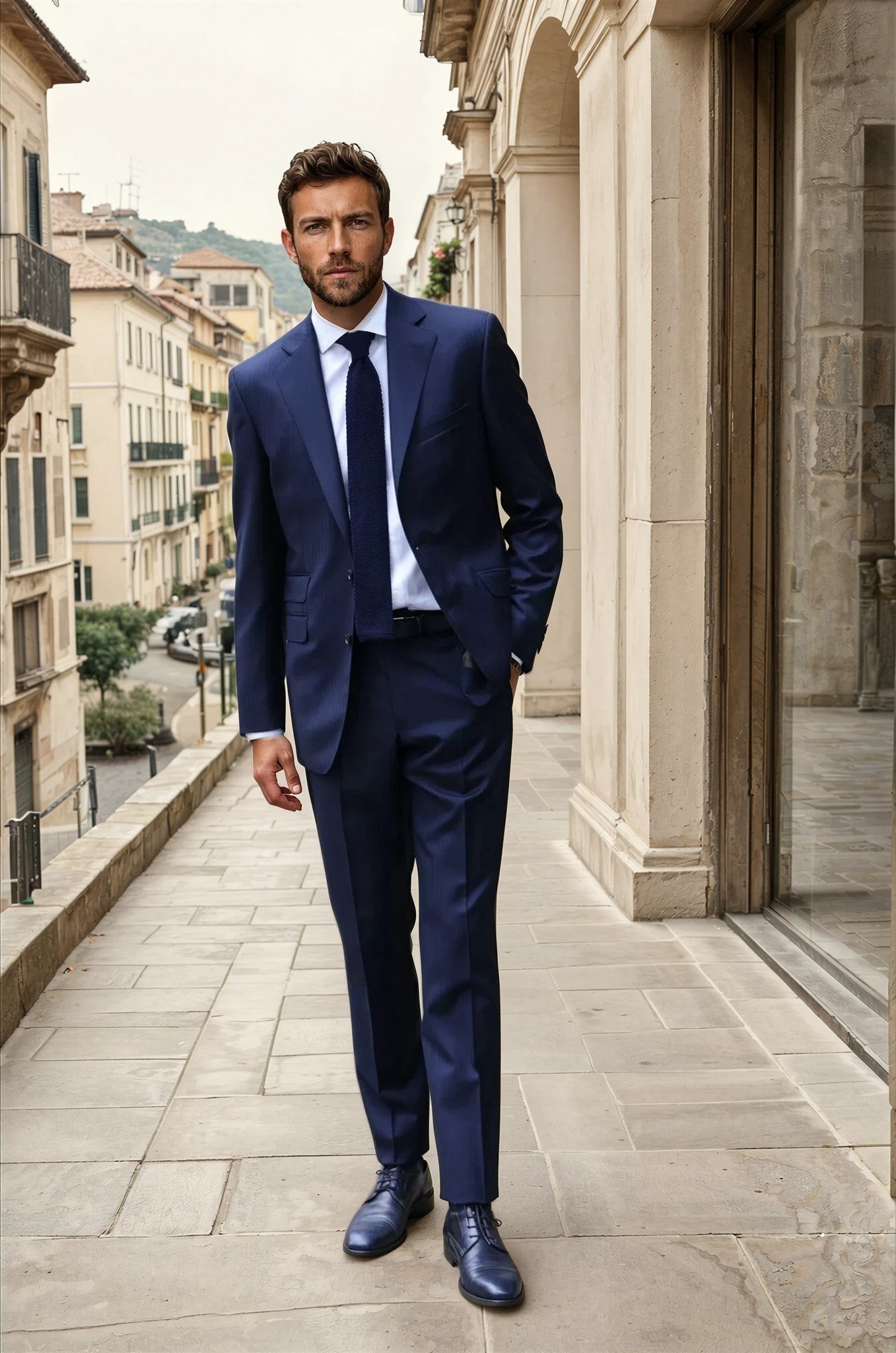 Costume Goal en laine vierge Super 110'S - Chevron Marine-COSTUME HOMME-Curling-Paris