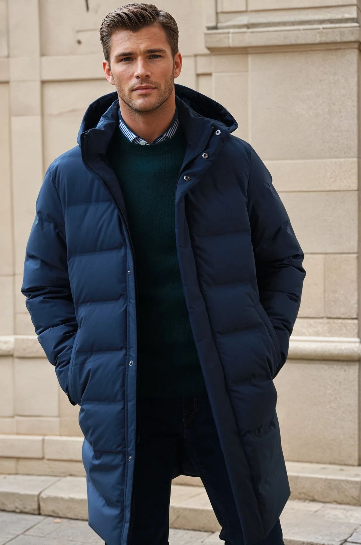 Manteau Long Homme SAGE DE CRET - Bleu Marine, Double Poitrine, Non Doublé - Taille M - Occasion En Excellent état