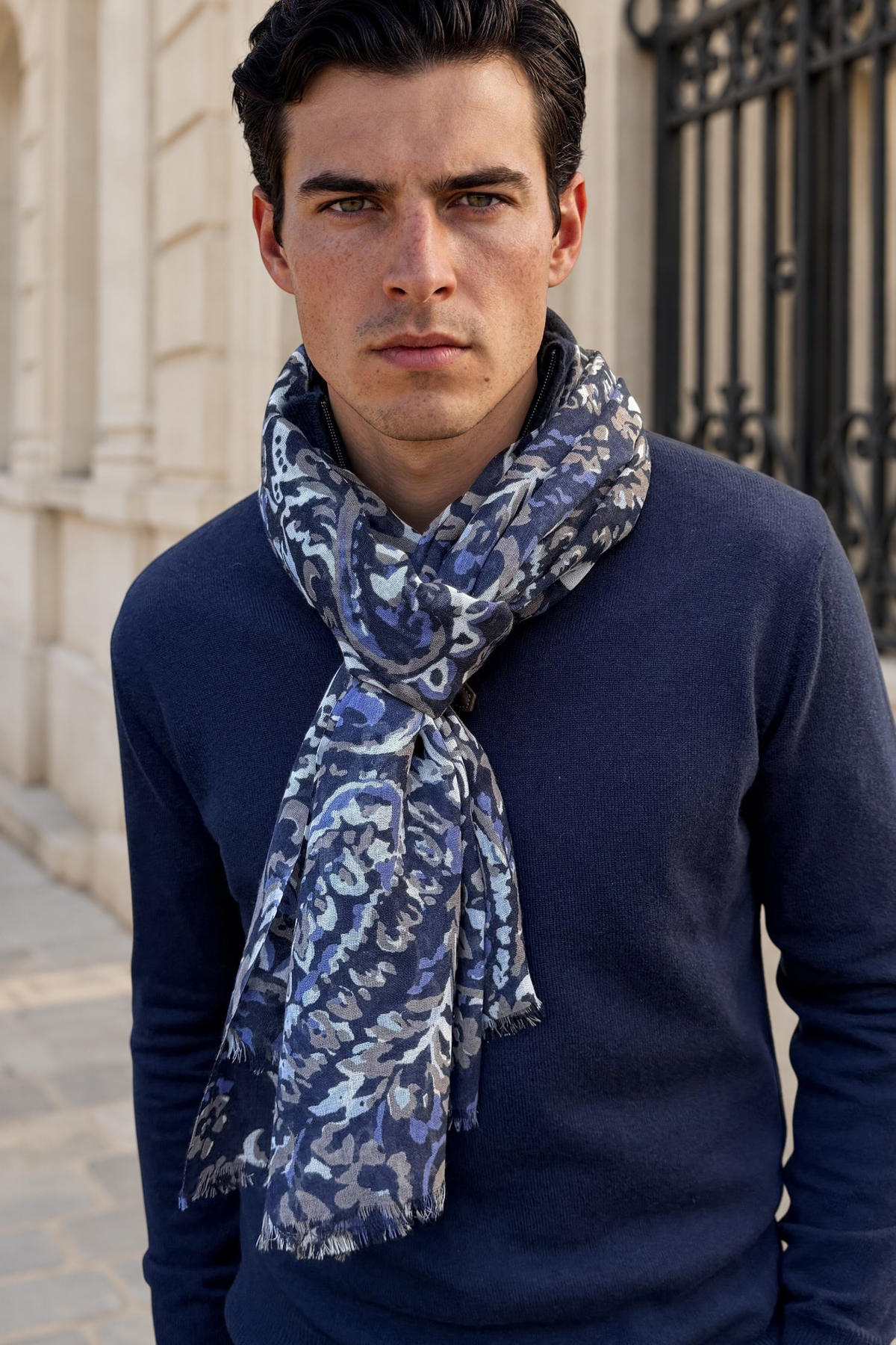 Écharpe Louis en laine à motifs cachemire – Marine et taupe-ECHARPES HOMME-Curling-Paris