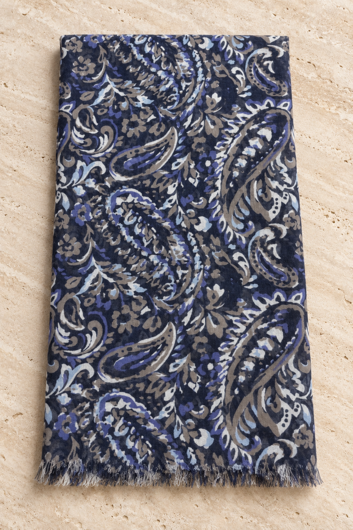 Écharpe Louis en laine à motifs cachemire – Marine et taupe-ETOLE-Curling-Paris