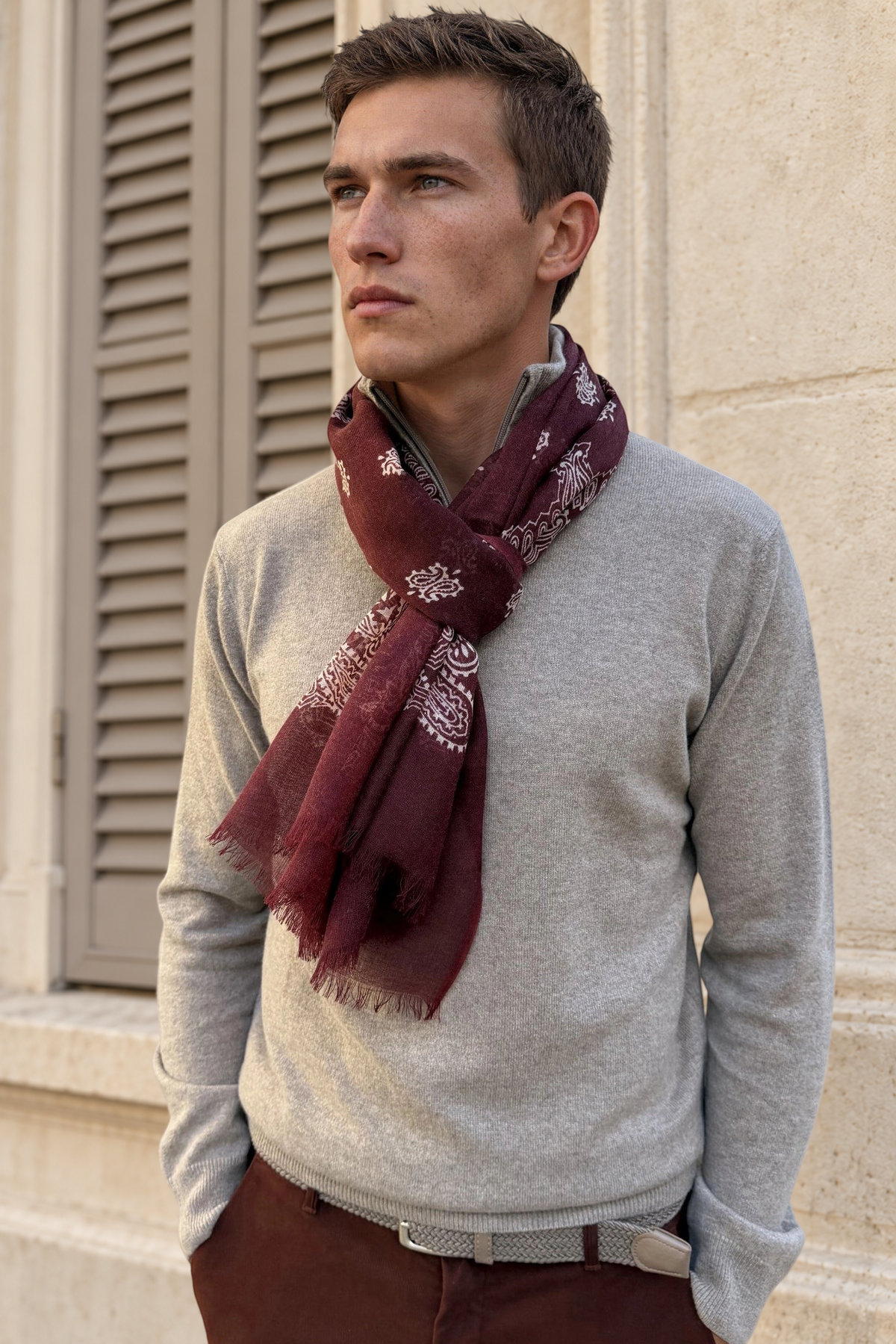 Écharpe Louis en laine à motifs cachemire - bordeaux