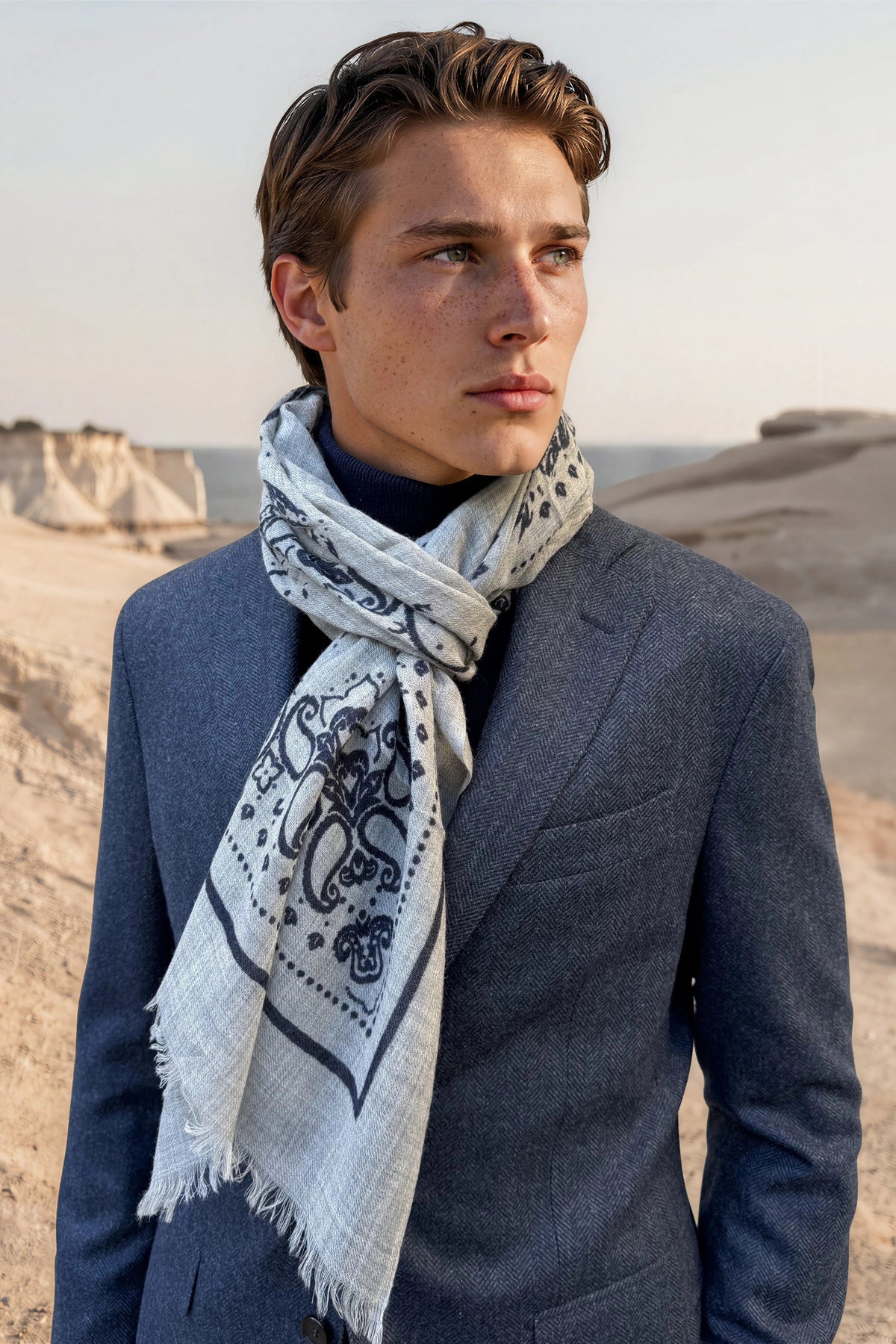 Écharpe Louis en laine gris clair à motifs - marine