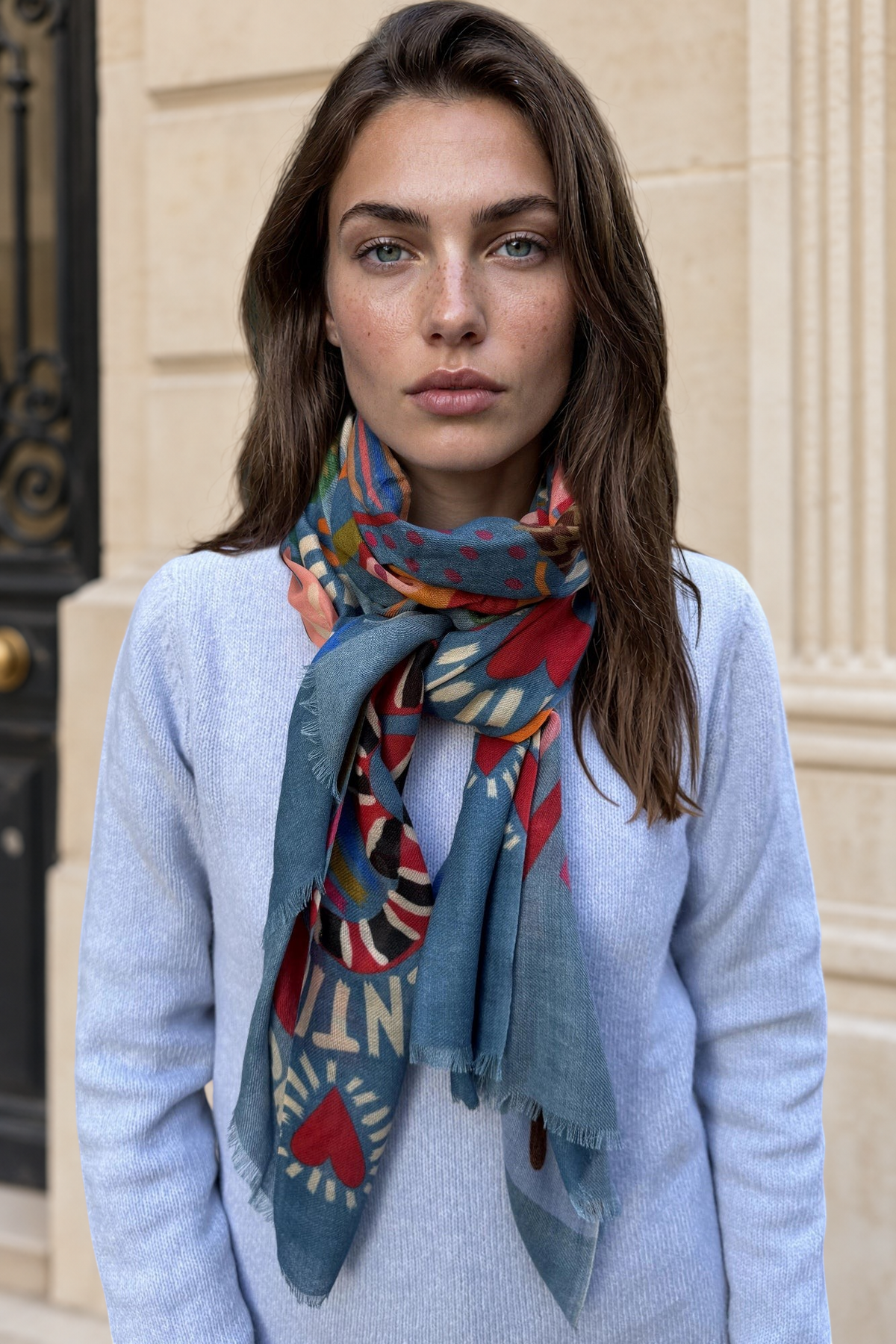 Étole Alix en laine et soie imprimée – Denim-ECHARPES FEMME-Curling-Paris