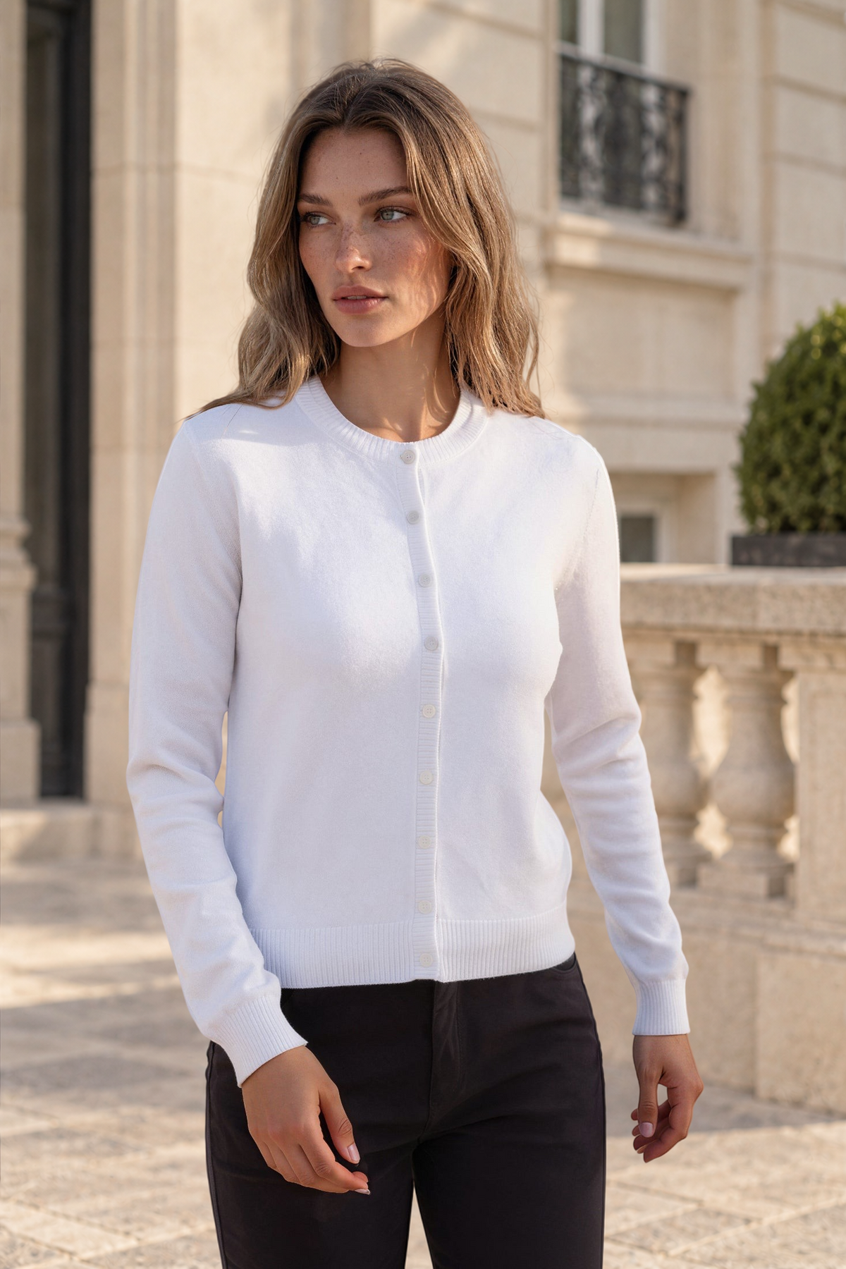 Gilet Adam à boutons Col Rond en laine et cachemire - Ecru-PULL FEMME-Curling-Paris