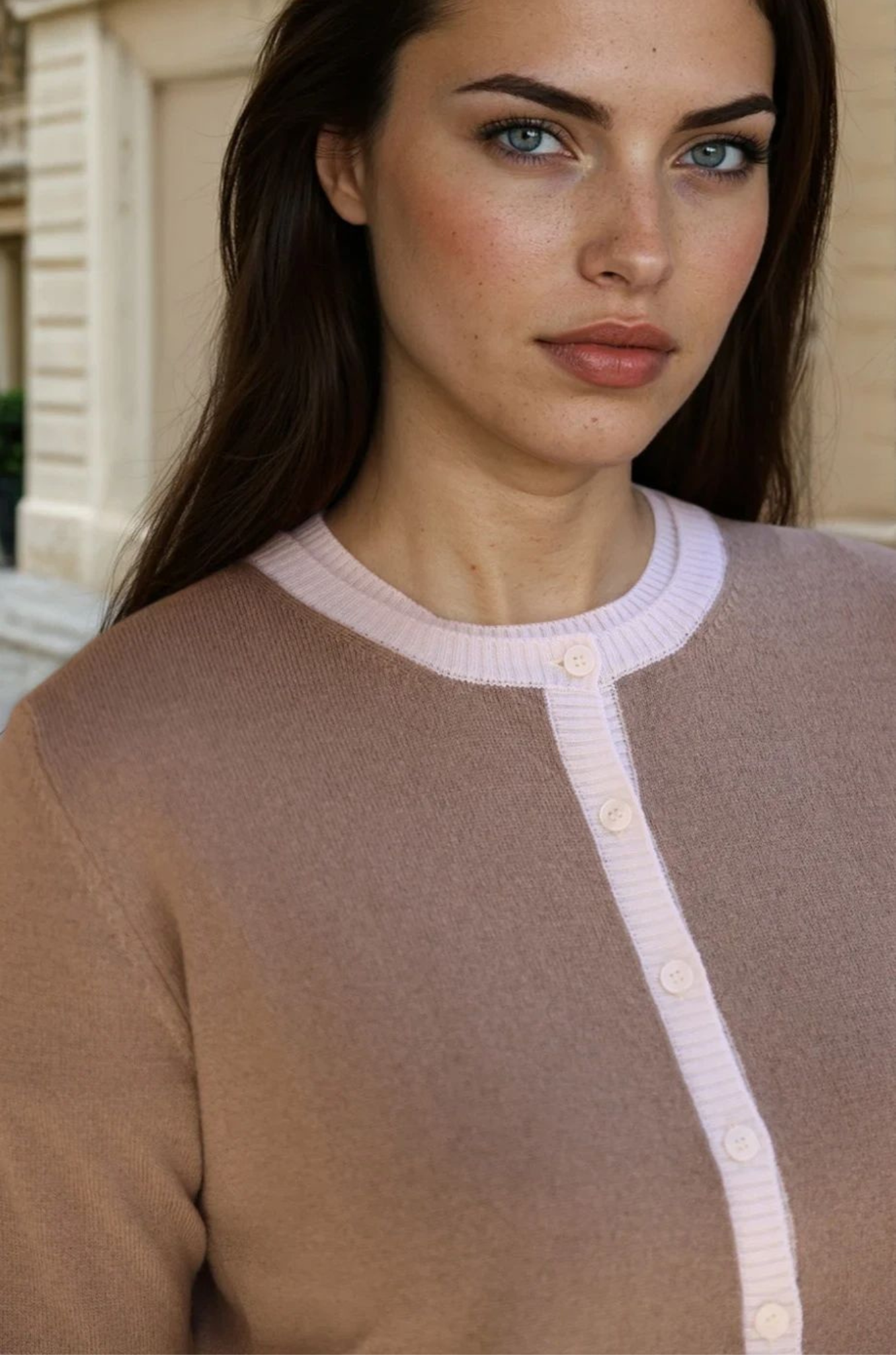 Gilet Adam à boutons Col Rond en laine et cachemire - Taupe-PULL FEMME-Curling-Paris