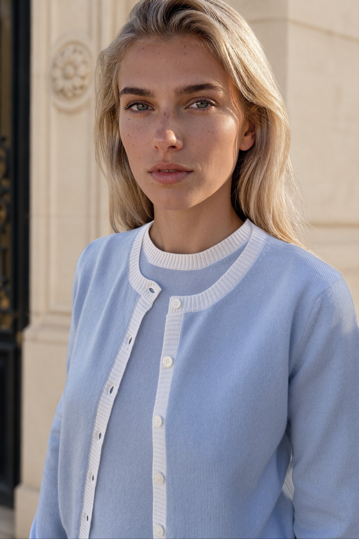 Gilet Adam col rond en laine & cachemire - Ciel-PULL FEMME-Curling-Paris
