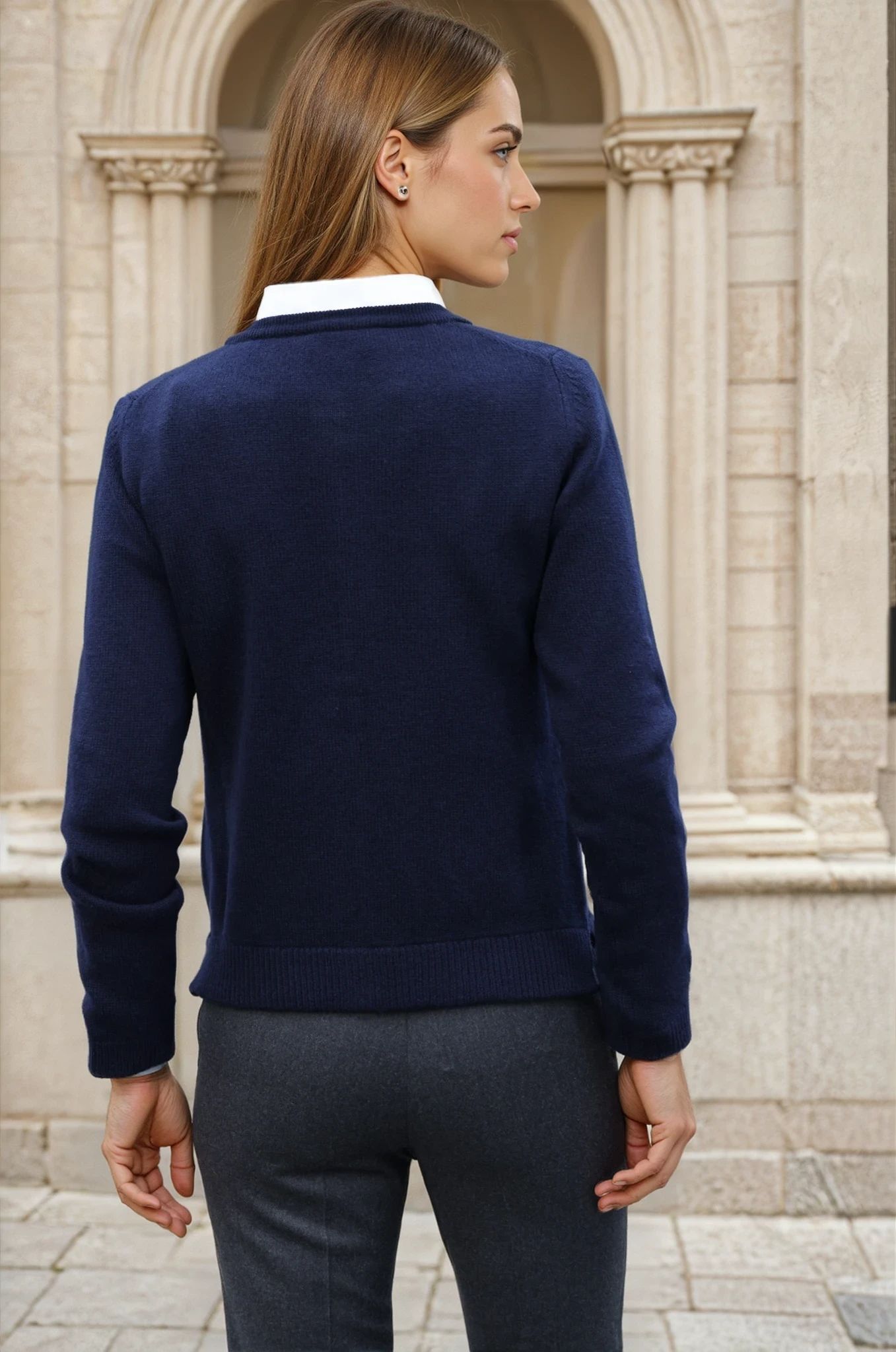Gilet Charlie à boutons Col Rond en laine et cachemire - Marine-PULL FEMME-Curling-Paris