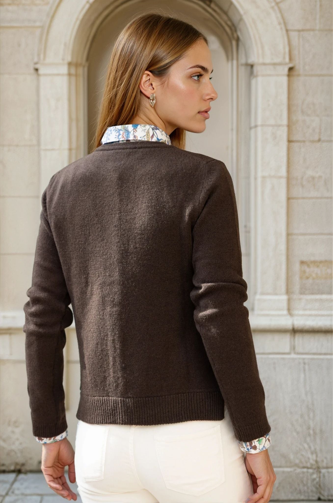 Gilet Charlie à boutons Col Rond en laine et cachemire - Marron-PULL FEMME-Curling-Paris